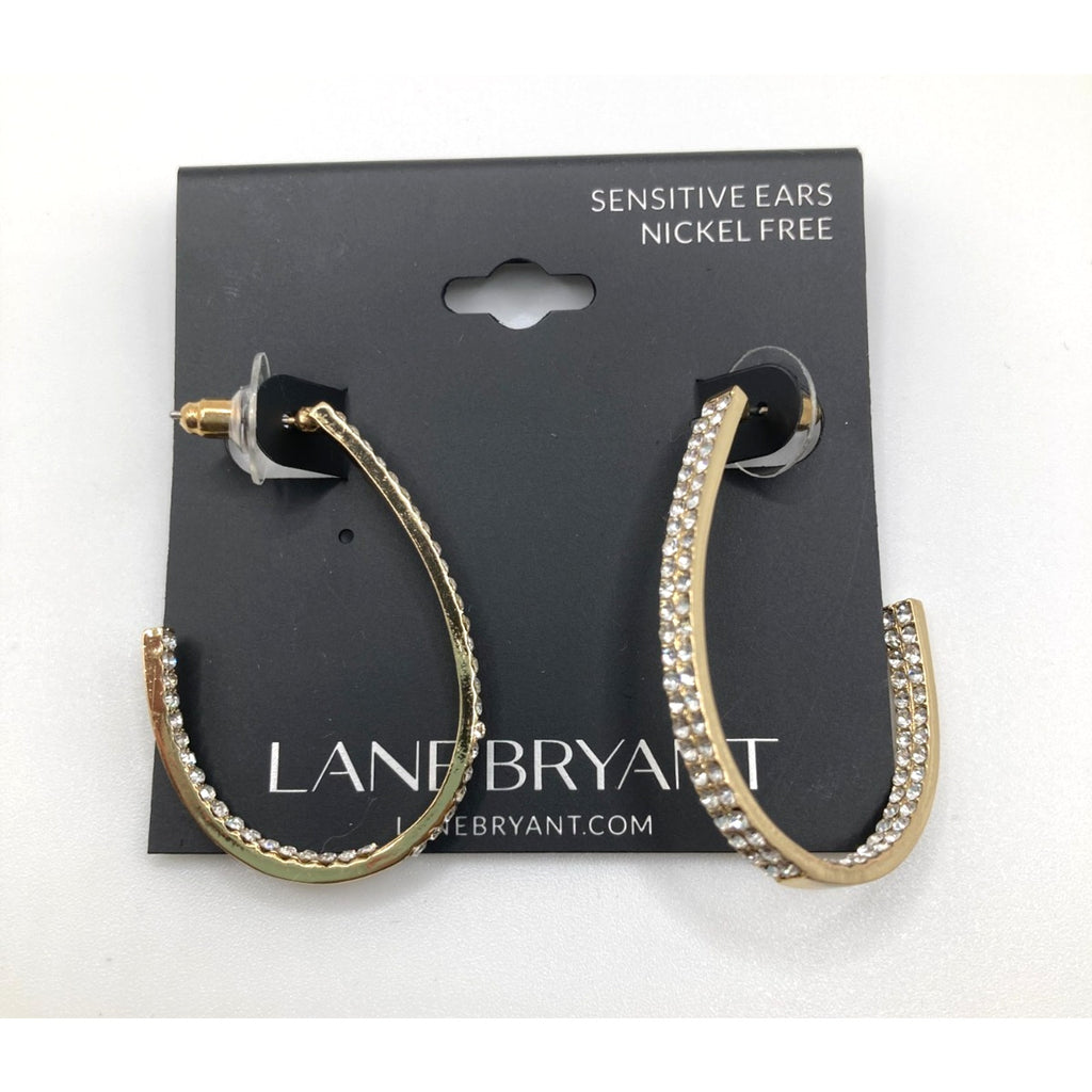 LANE BRYANT Classy Dressy Gold Tone Hook Hoop Rhinestone Earrings 1.25"