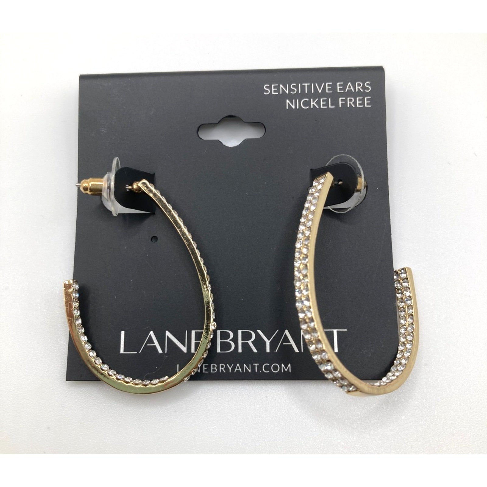 LANE BRYANT Classy Dressy Gold Tone Hook Hoop Rhinestone Earrings 1.25"