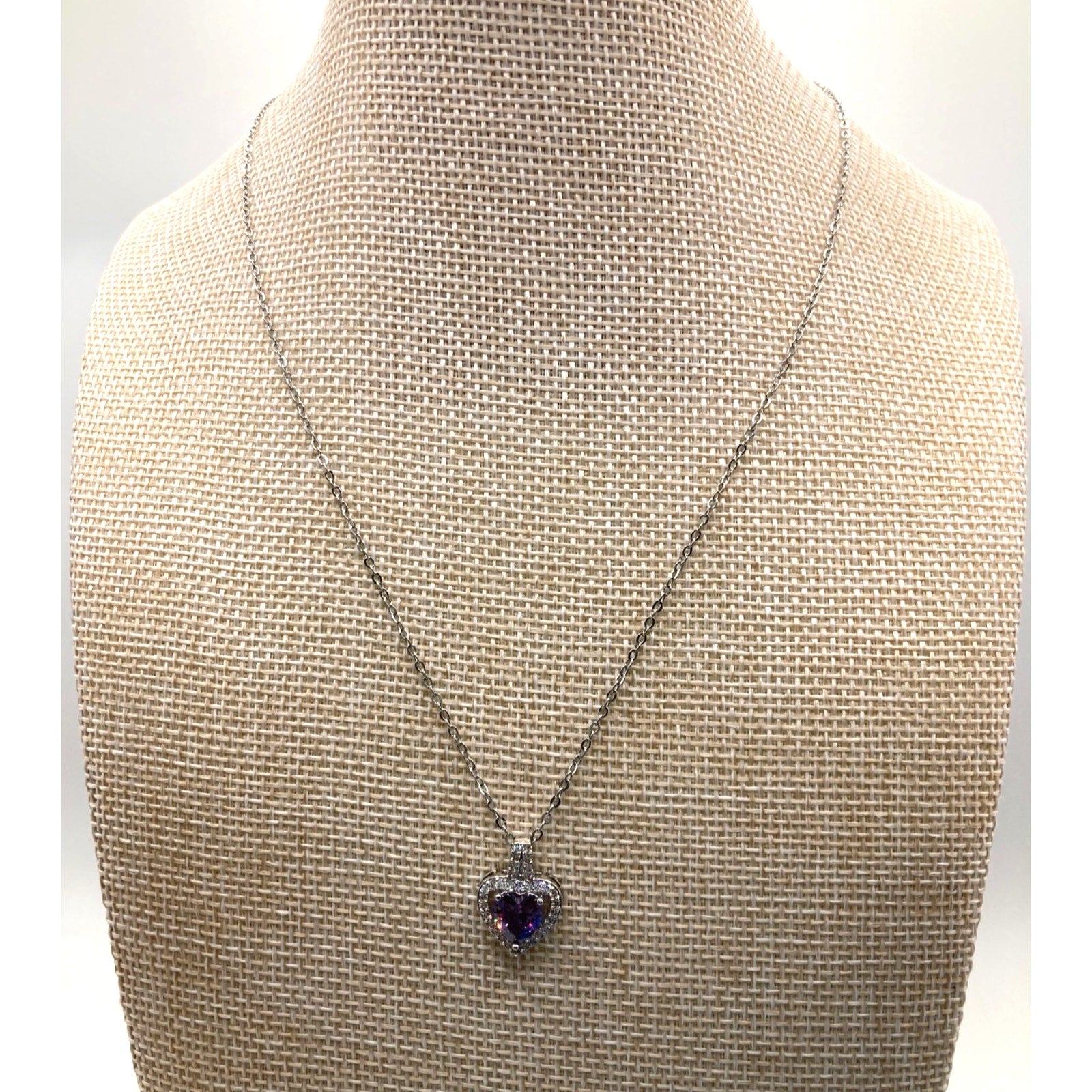 Purple Heart Crystal Silver Overlay 18" Necklace Made with SWAROVSKI Elements