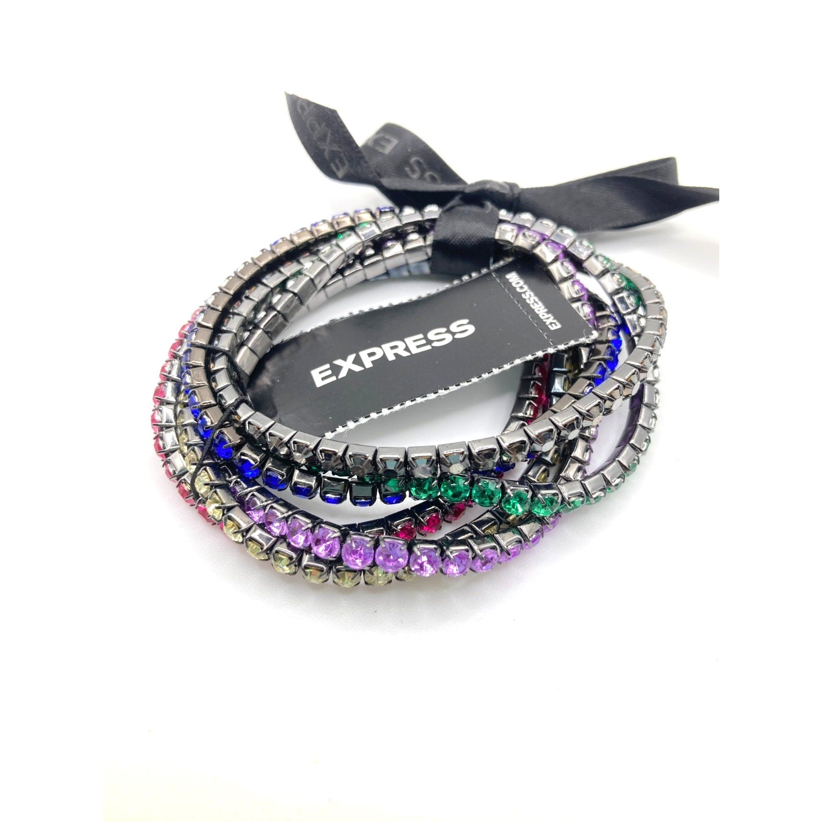 EXPRESS Multicolor Rhinestone on Grey Tone Metal Stretch Bracelets Set