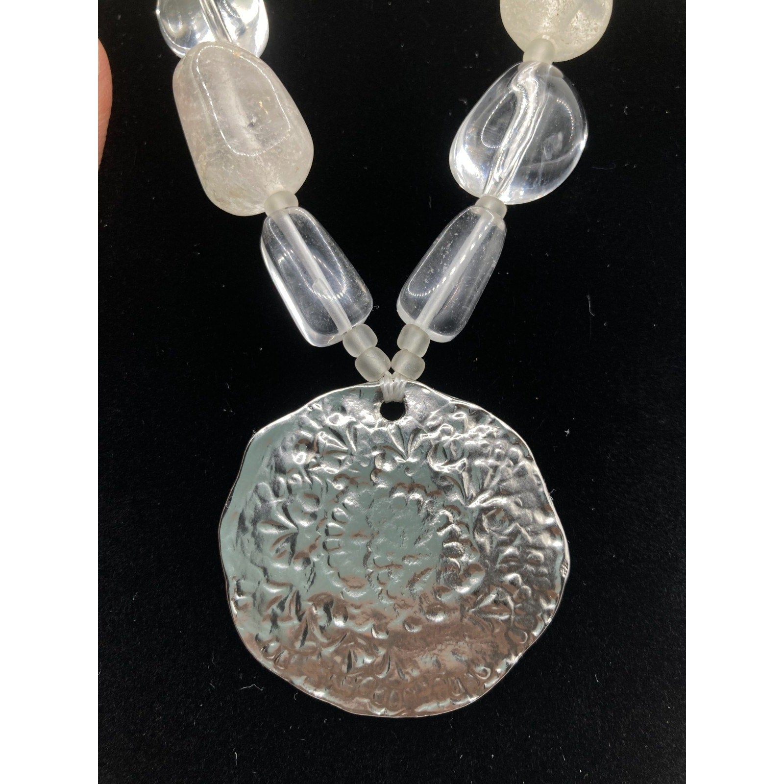 Hammered Embossed Silver Tone Pendant w/ Glass Stone 22" Cord Statement Necklace