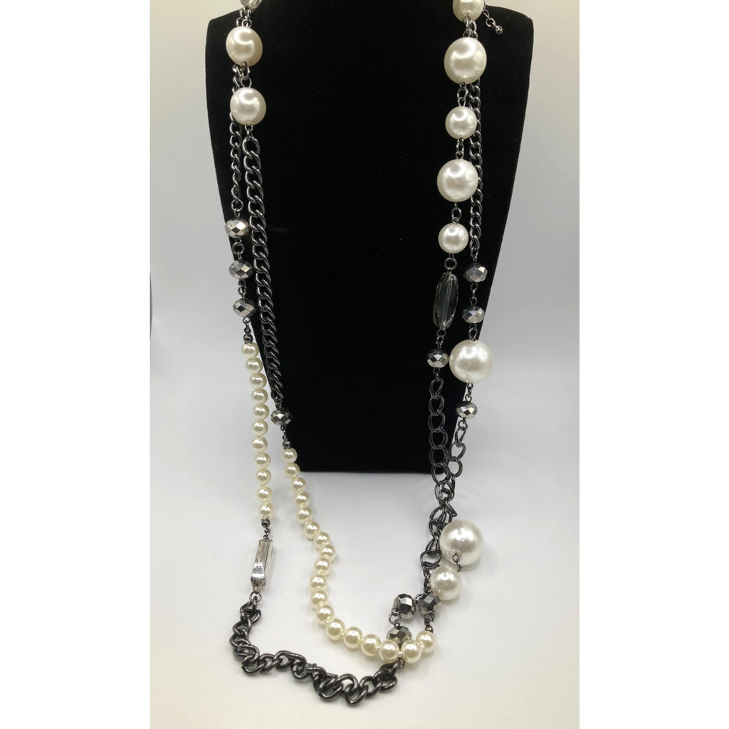 Lane Bryant Steel Grey Tone Statement Necklace Faux Pearls & Mixed Chain 60"