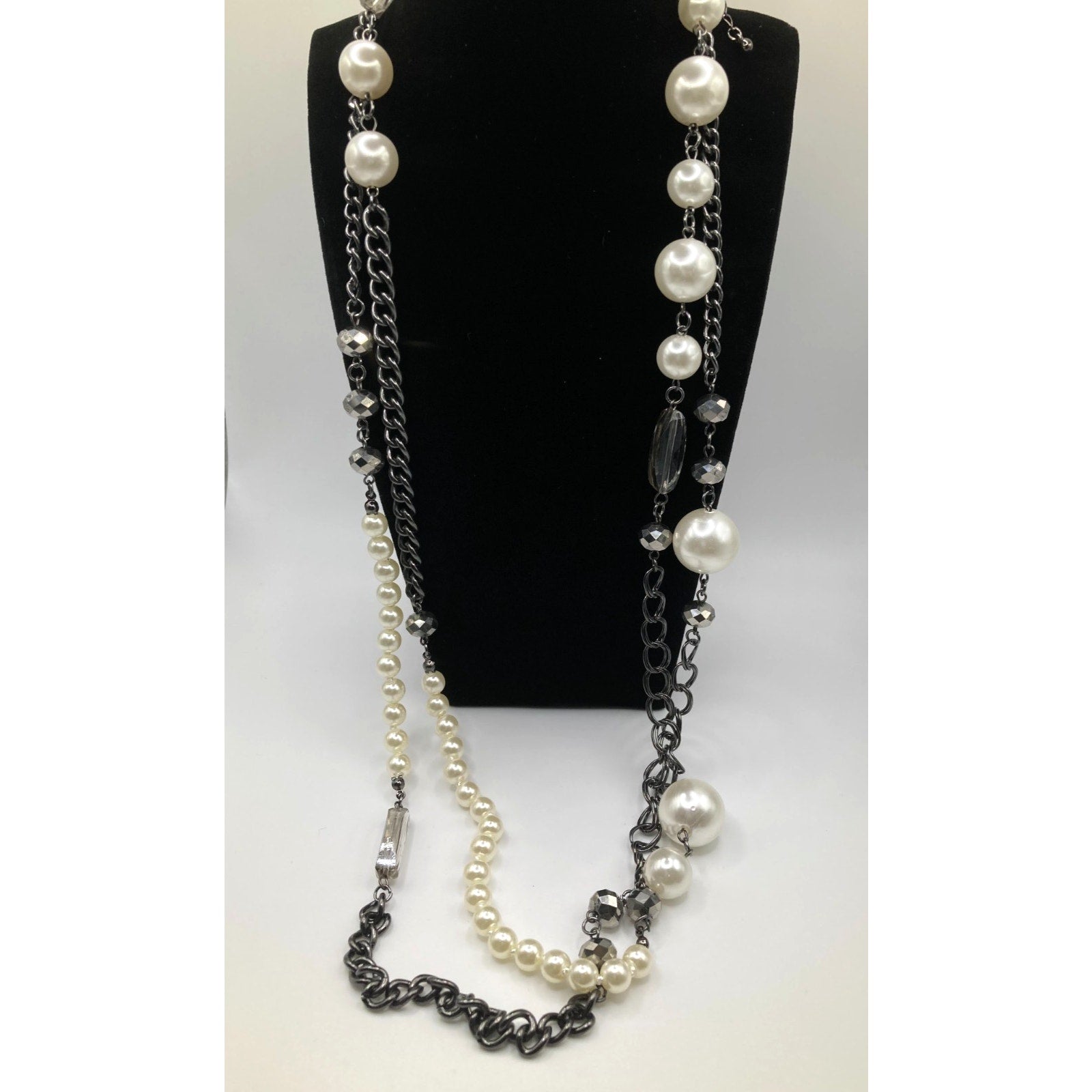 Lane Bryant Steel Grey Tone Statement Necklace Faux Pearls & Mixed Chain 60"