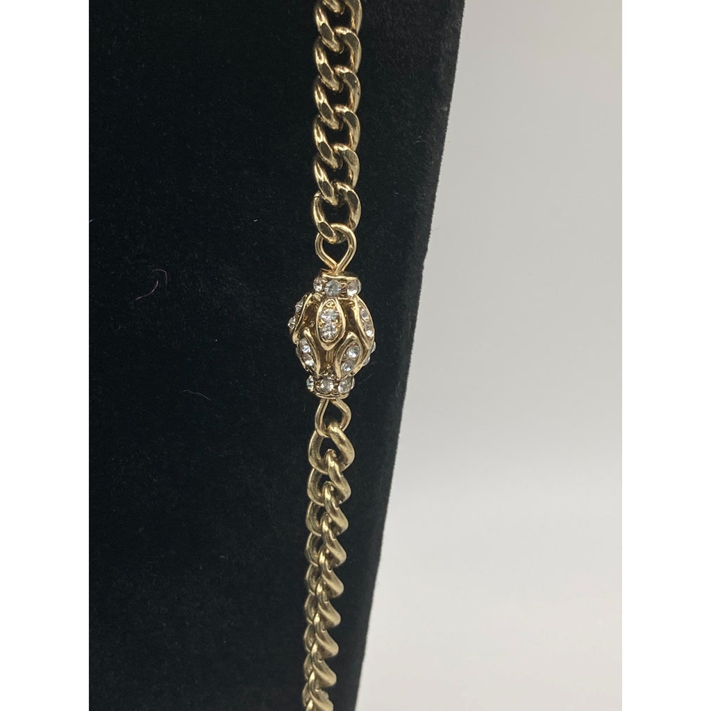 LOFT Gold Tone Vintage Inspired Rhinestone Eggs Station Curb Chain Necklace 32"