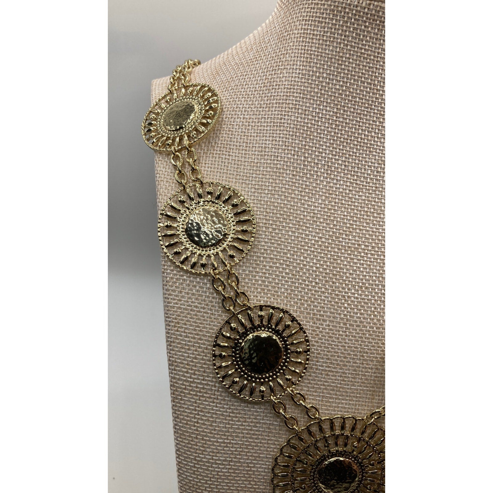 EXPRESS Metallic Gold Tone Tribal Boho Circle Station Statement Necklace 21" NEW