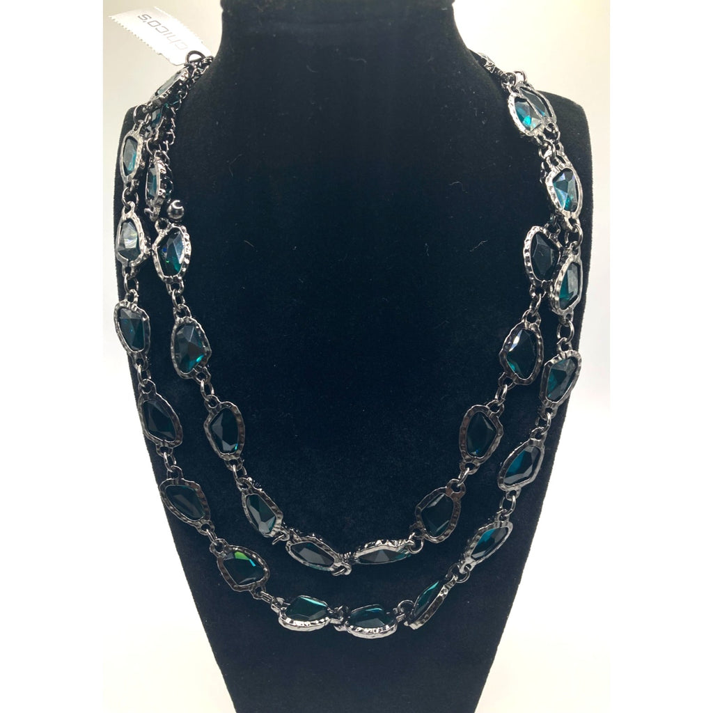 CHICO'S Greta Necklace Gunmetal Tone Tinted Aqua Blue 38" Long Layering Necklace