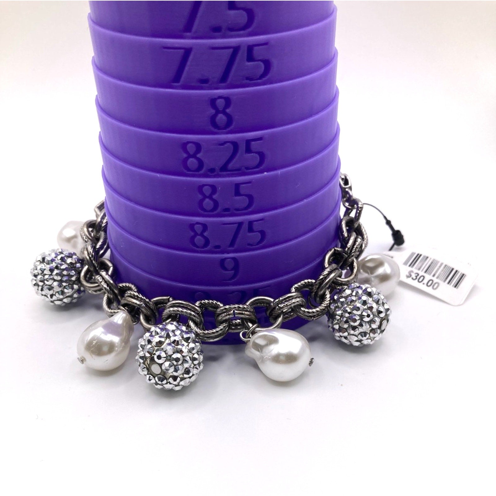 Silver Grey Tone Thick Chunky Cable & Faux Pearls Plus Size Friendly Bracelet