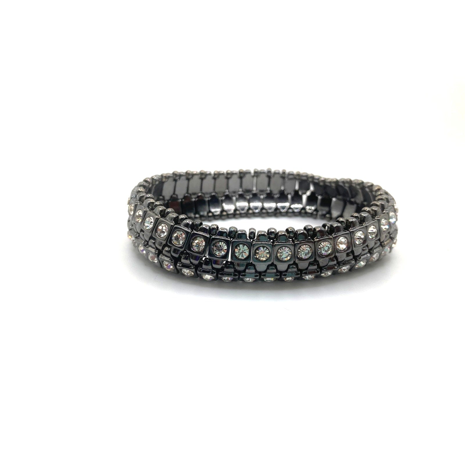 CHICOS Gunmetal Black Wide 2 Row Stretch Bracelet w/ Rhinestones