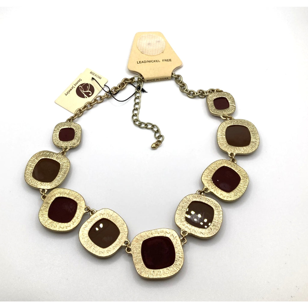 STONY Gold Tone Square Link Brown & Burgundy Acrylic Stone Station Necklace 16"