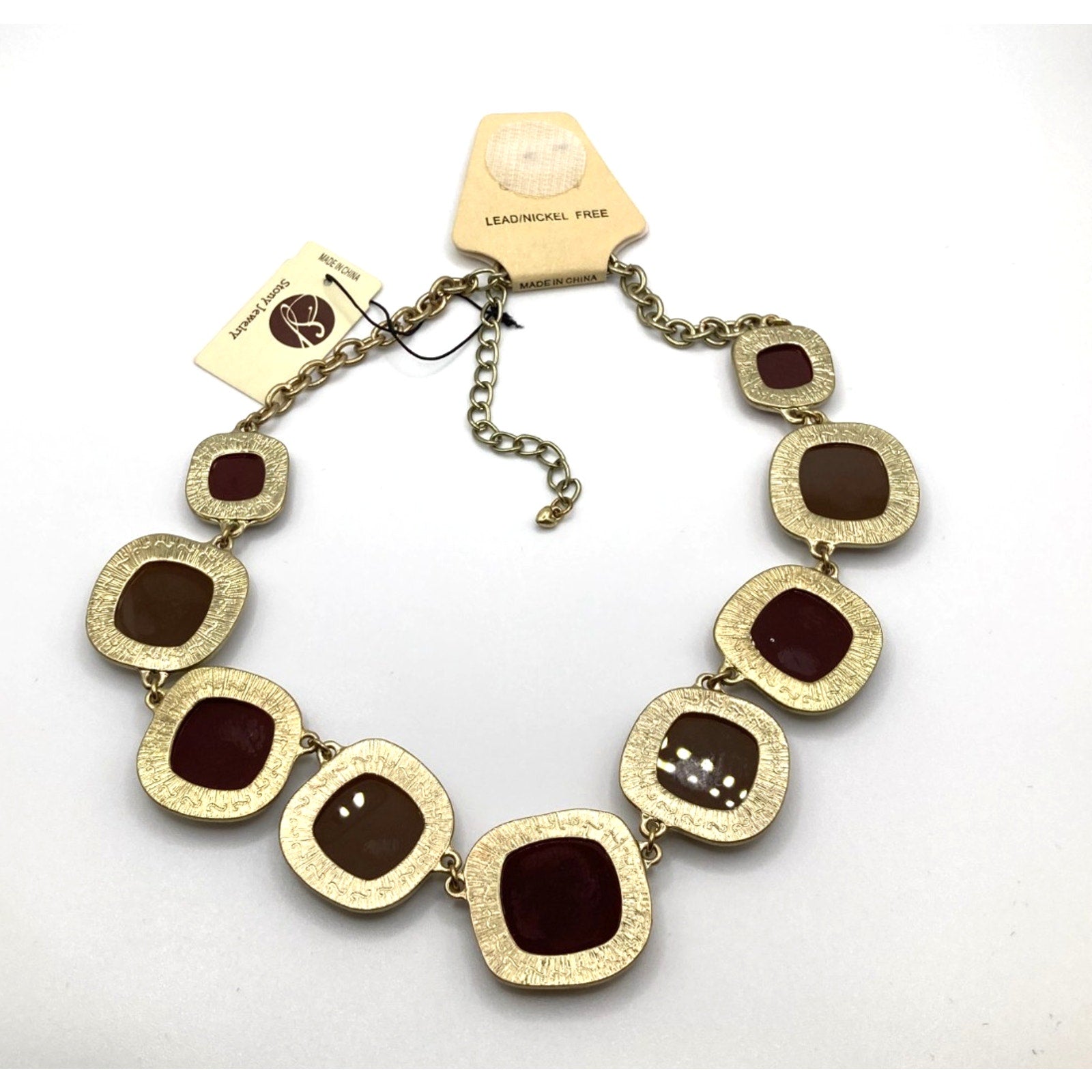 STONY Gold Tone Square Link Brown & Burgundy Acrylic Stone Station Necklace 16"