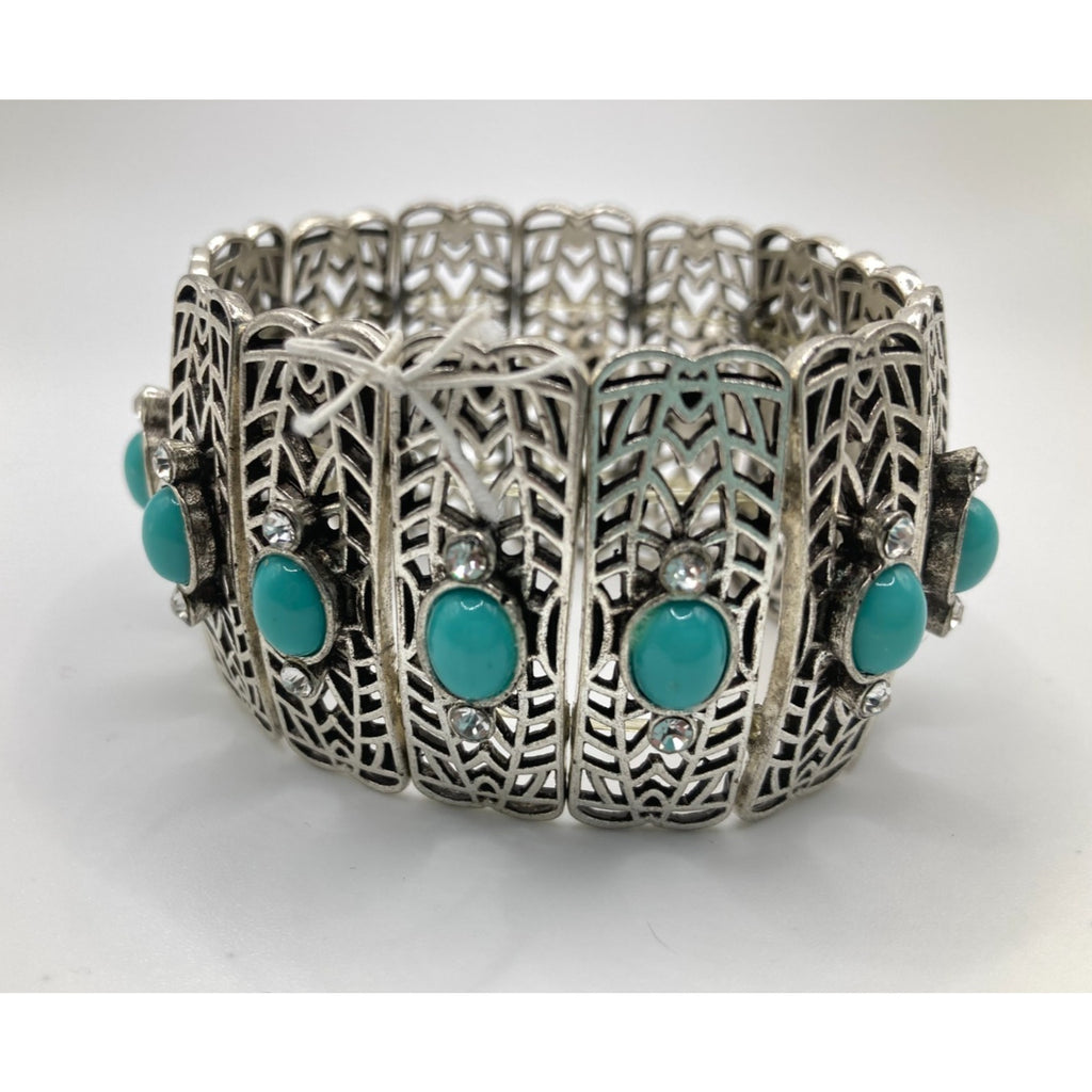 Medieval Gothic Western Silver Tone Faceted Faux Turquoise Stretch Bracelet Sz.7