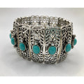 Medieval Gothic Western Silver Tone Faceted Faux Turquoise Stretch Bracelet Sz.7