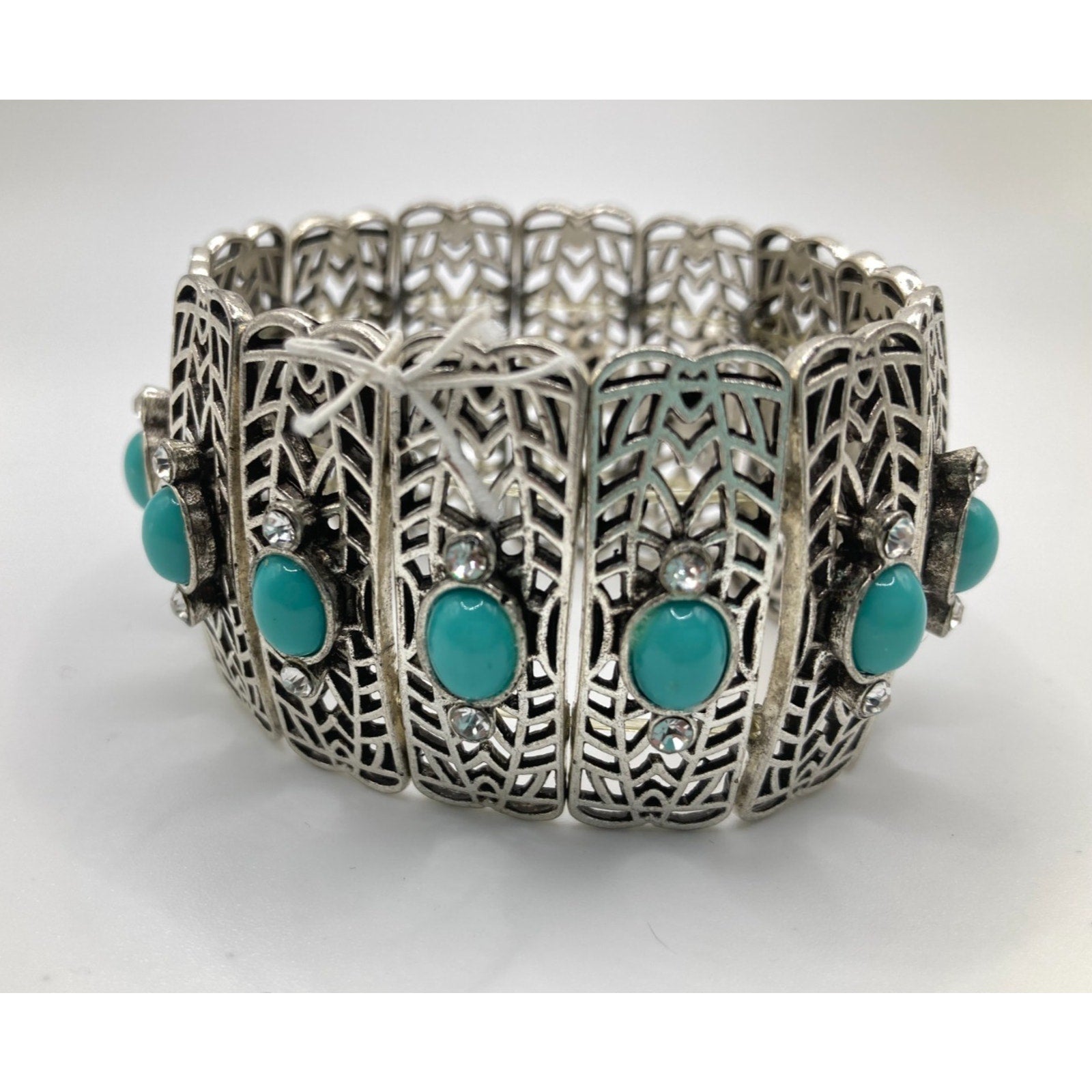 Medieval Gothic Western Silver Tone Faceted Faux Turquoise Stretch Bracelet Sz.7