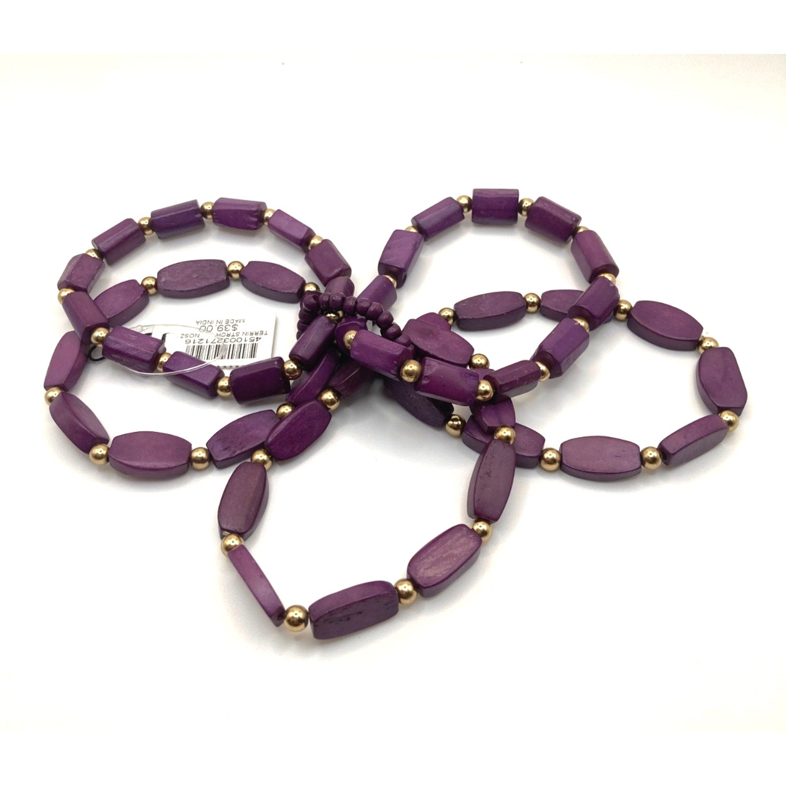 CHICO'S Purple Dyed Wooden Beads w/ Gold Tone Bead Accents Stretch Bracelet