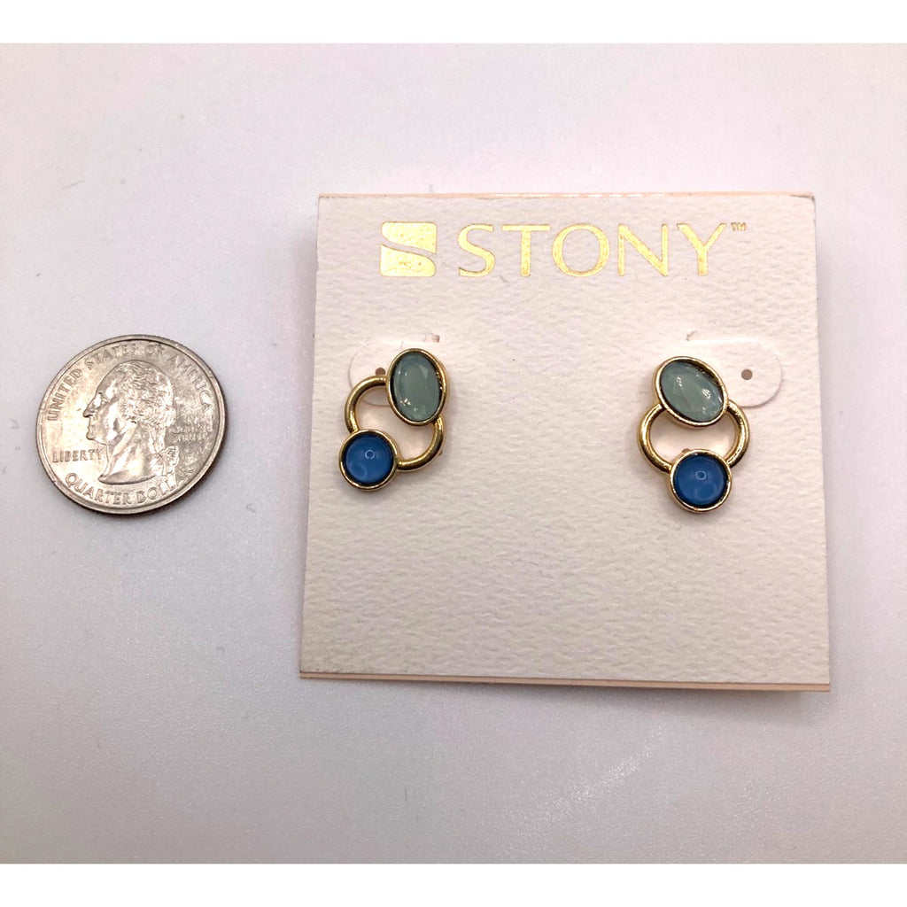 STONY Gold Tone Orbit Ring Blue and Seafoam Green Faux Stone Stud Earrings New