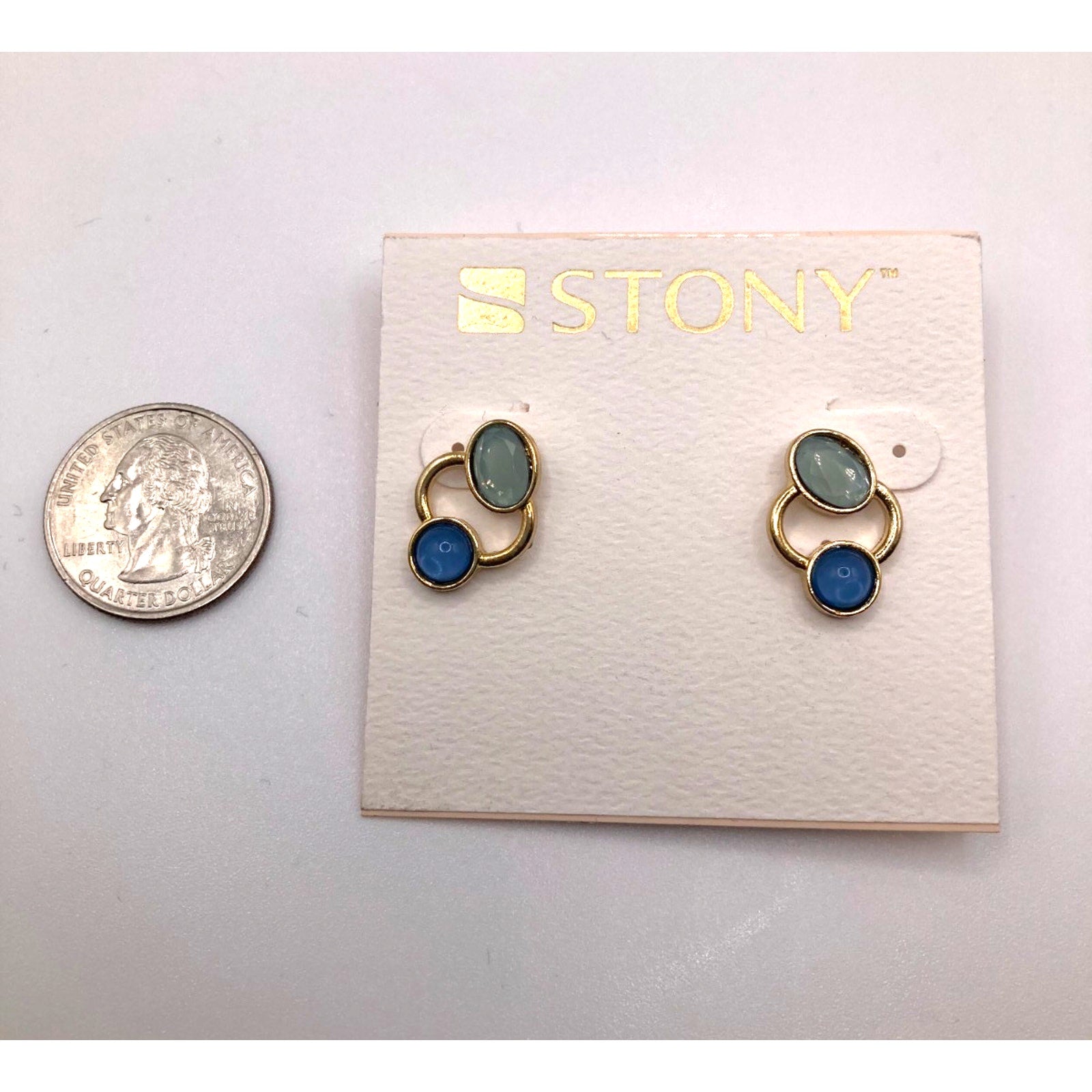 STONY Gold Tone Orbit Ring Blue and Seafoam Green Faux Stone Stud Earrings New