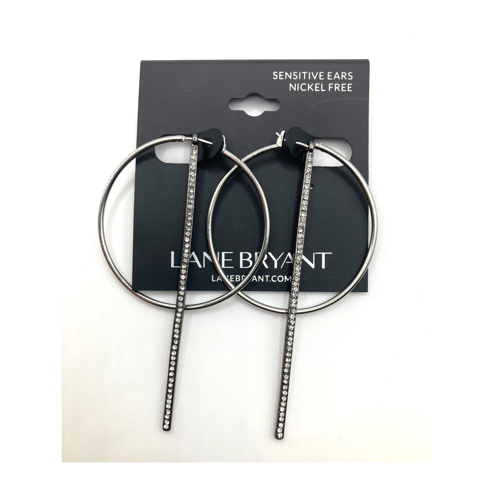 LANE BRYANT Silver Tone Hoop Dangle Earrings w/ Rhinestone Accent