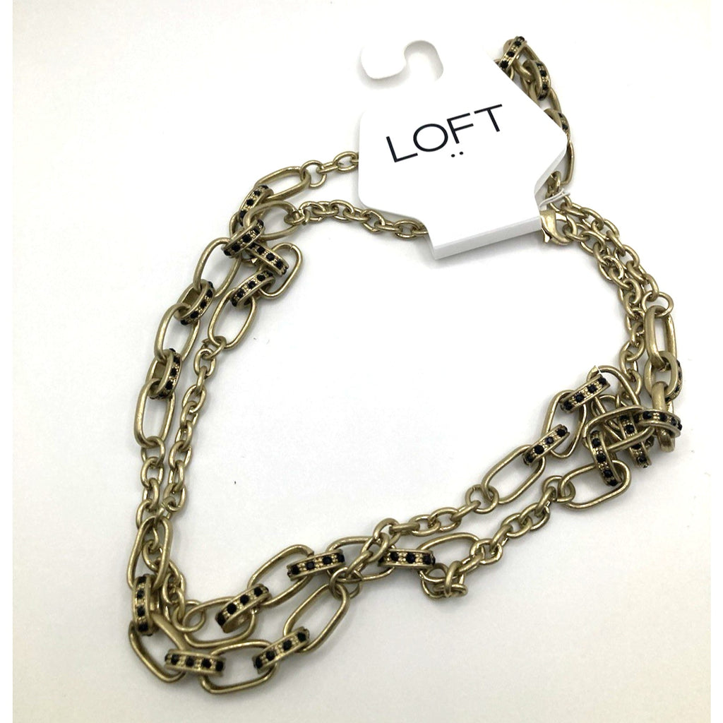 Ann Taylor LOFT Black Studded Worn Gold Tone Mixed Chain Link Necklace 34"