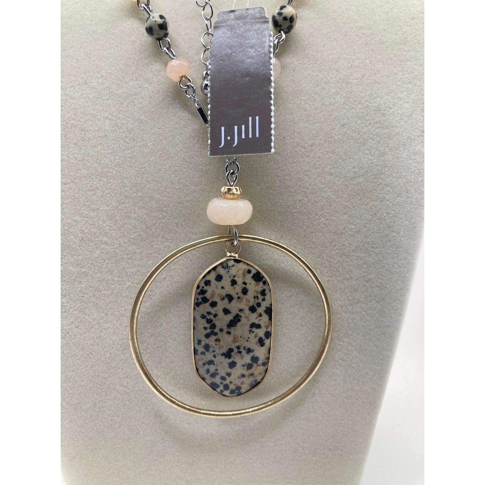 J JILL Dalmation Jasper Stone Pendant Two Tone 31" Long Necklace Beads NEW