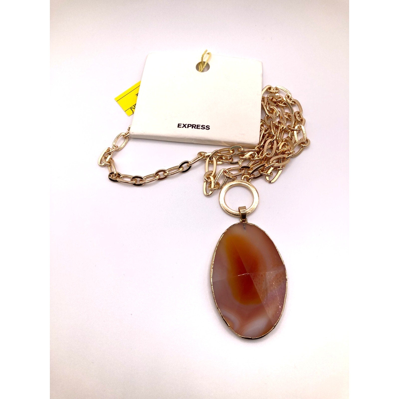 EXPRESS Gold Tone Simulated* Agate Stone Oval Pendant 27" NEW