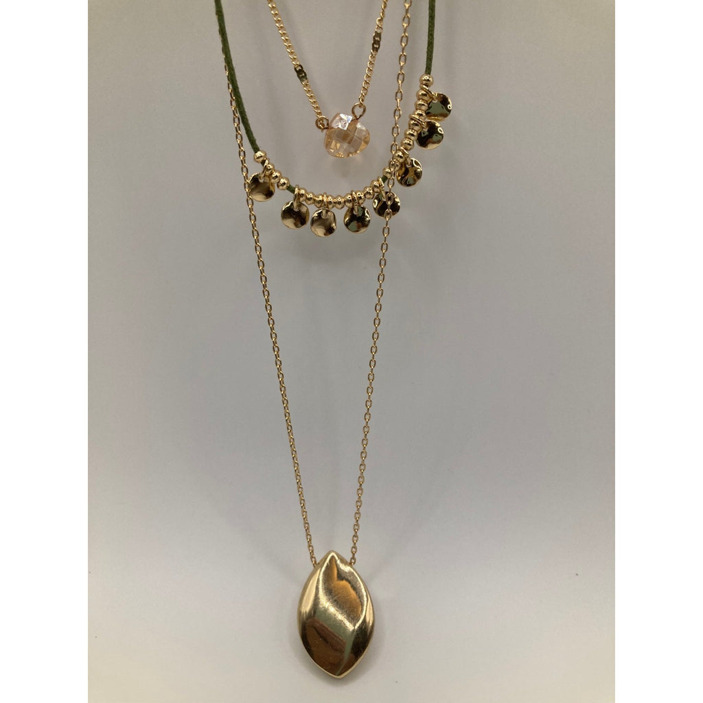 SET! LANE BRYANT Three Strand Olive & Gold Tone Pendant NECKLACE & Hoop EARRINGS