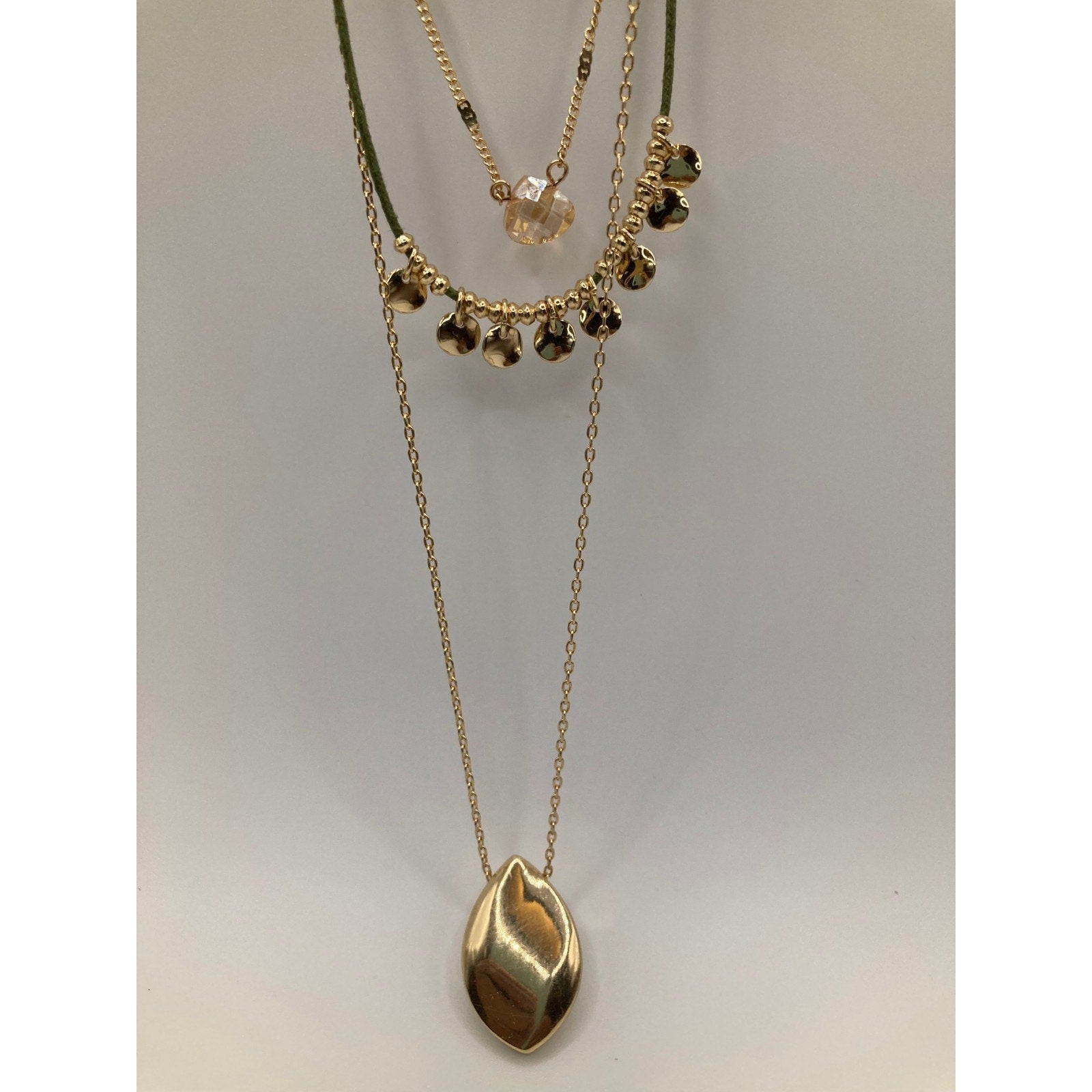 SET! LANE BRYANT Three Strand Olive & Gold Tone Pendant NECKLACE & Hoop EARRINGS