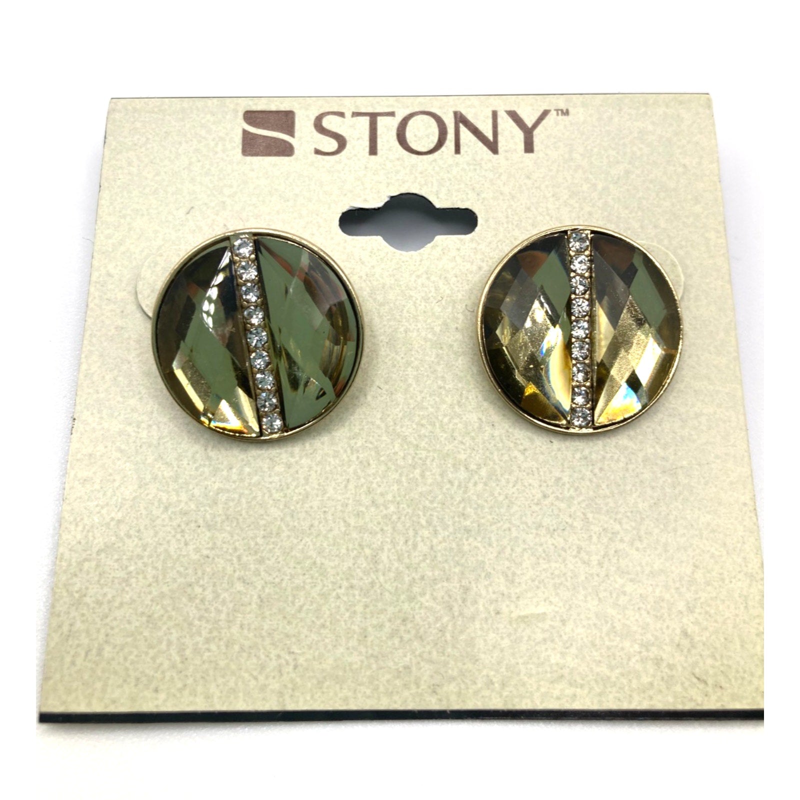 STONY Gold Tone Faceted Faux Stone Translucent Stud Earrings w/ Rhinestone