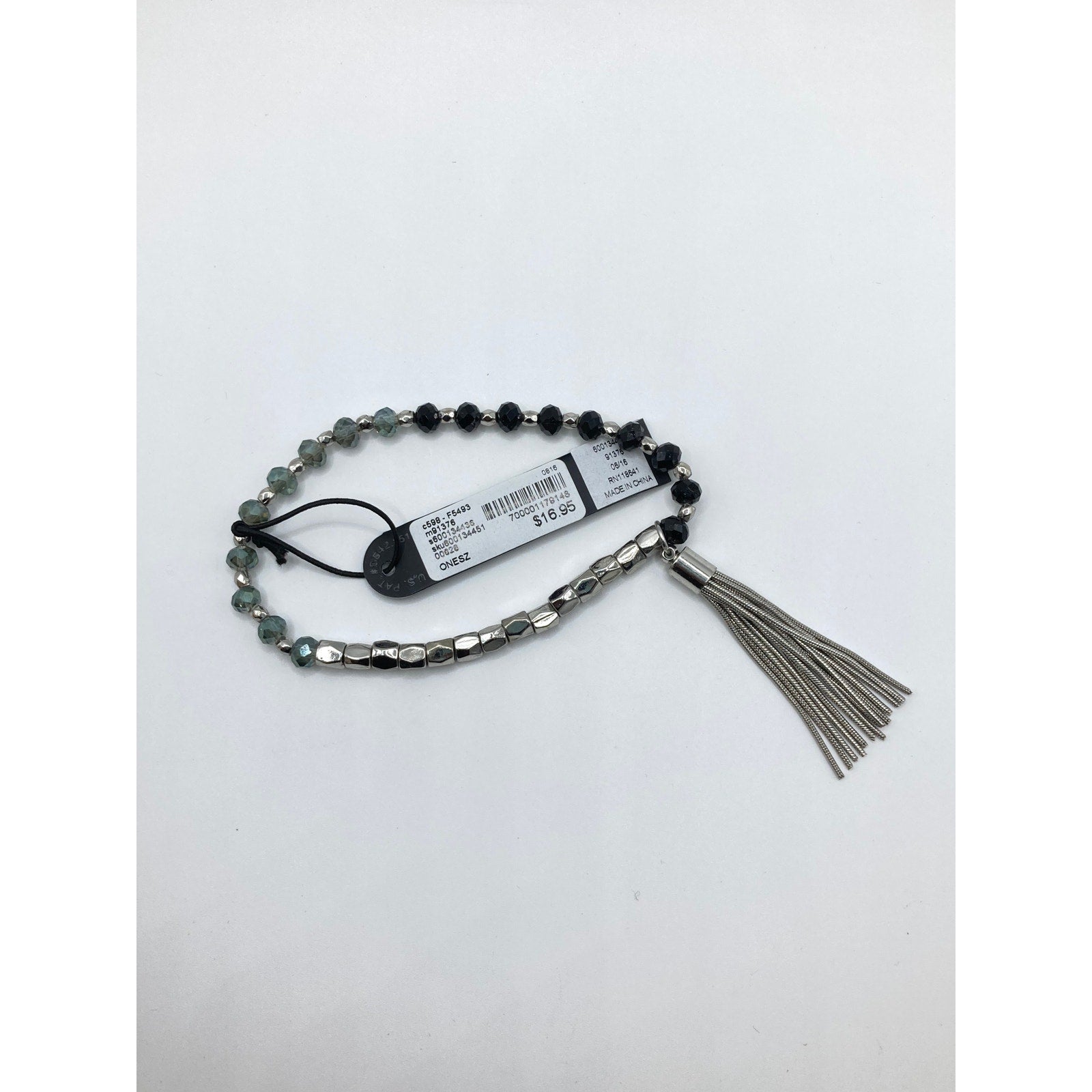 LANE BRYANT Metal & Black Gray Beaded Bracelet w/ Metal Tassel | $39 Retail