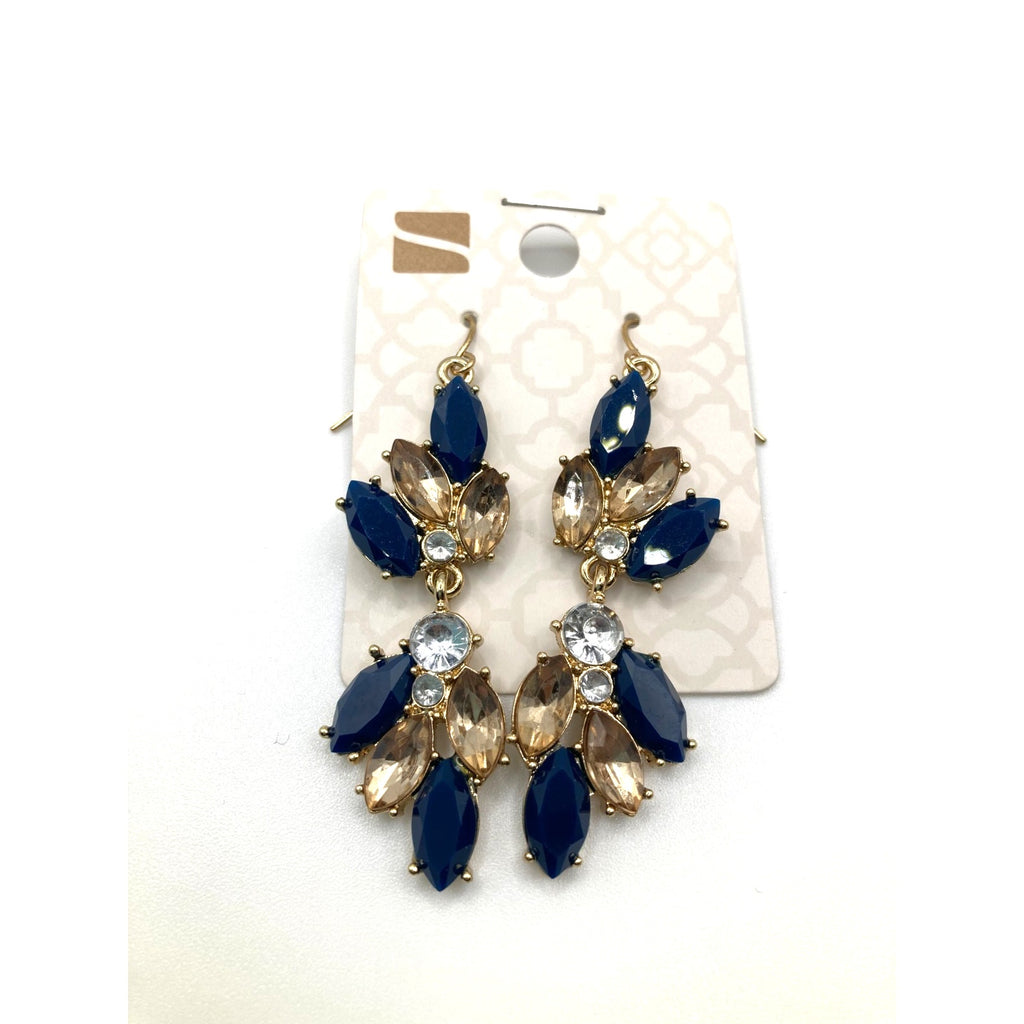 STONY Glamorous Navy Tan Champagne & Clear Crystal Dangle Drop Earrings 2"
