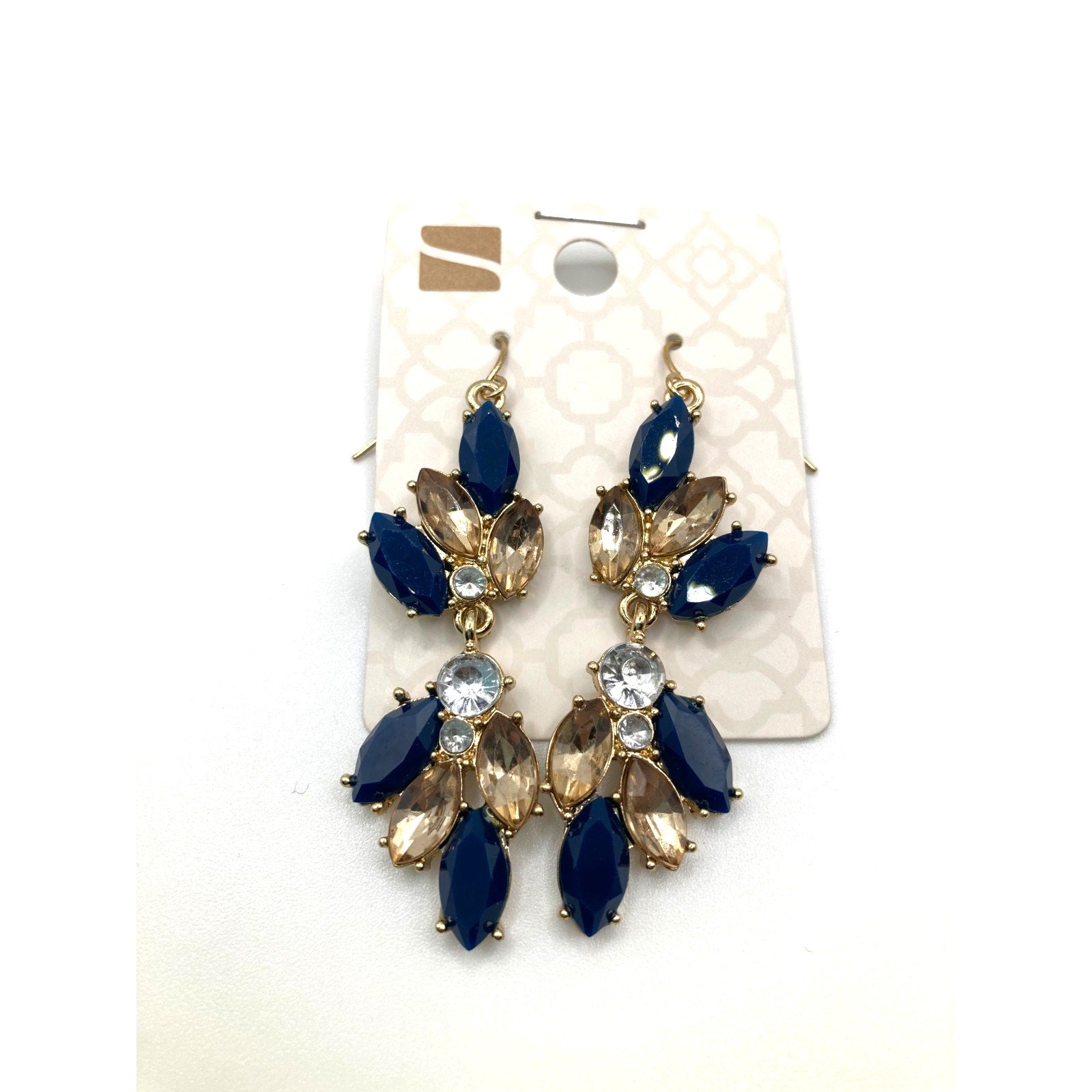 STONY Glamorous Navy Tan Champagne & Clear Crystal Dangle Drop Earrings 2"