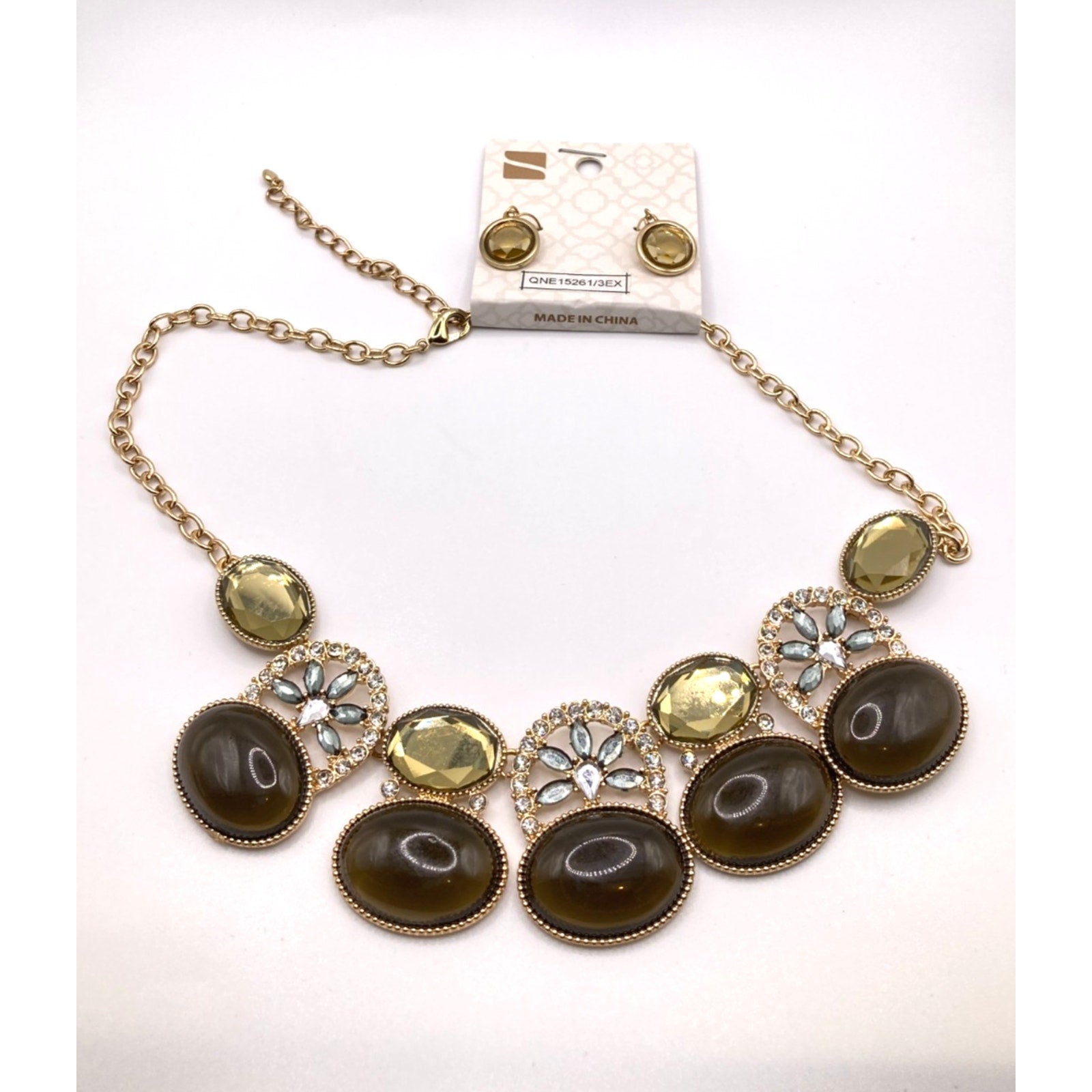 STONY Gold Tone Green & Blue Glass Stone & Crystal Necklace 17" & Earring Set