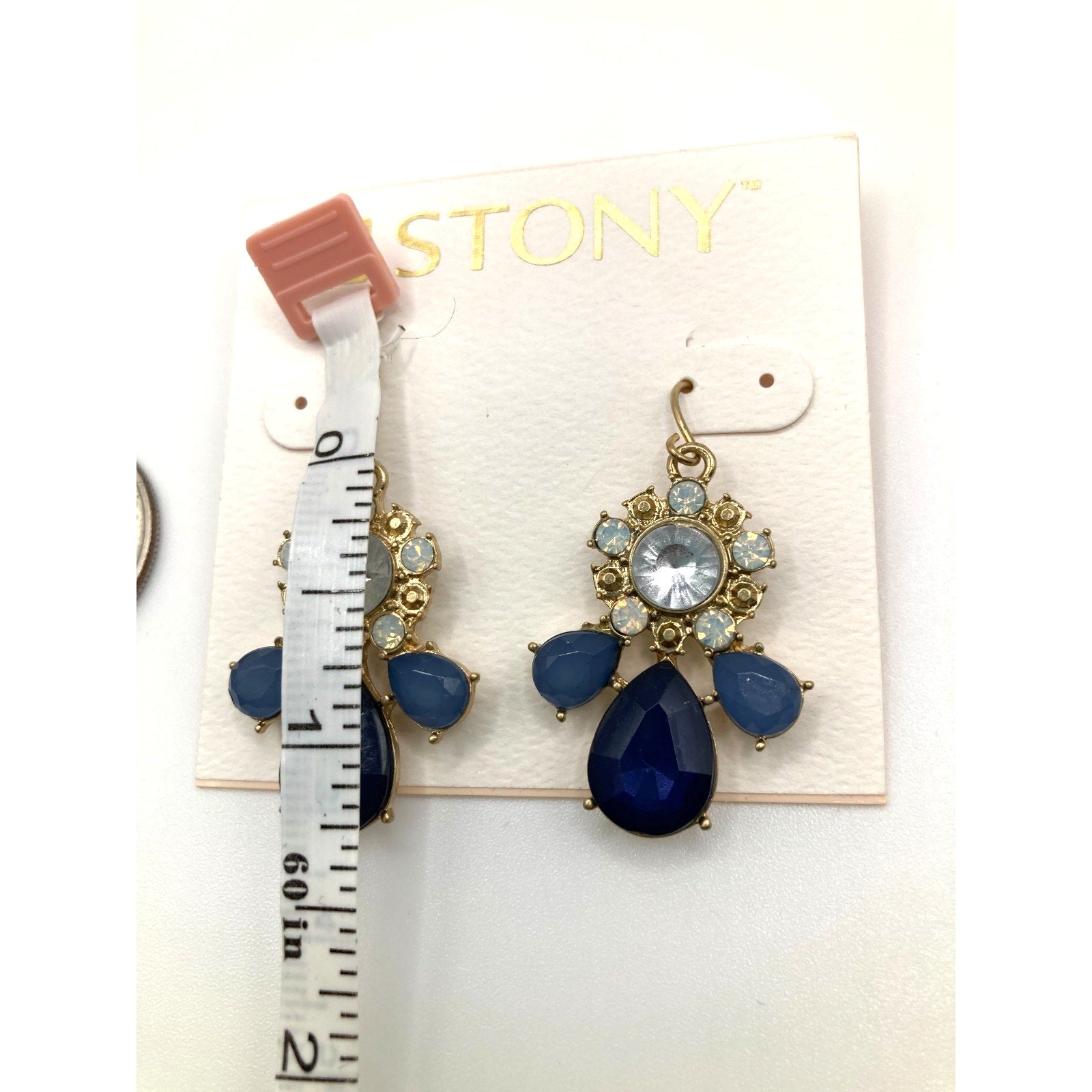 STONY Gold Tone Navy Blue & Cloudy Clear Acrylic Stone Drop Dangle Earrings 1.3" Imperfect*