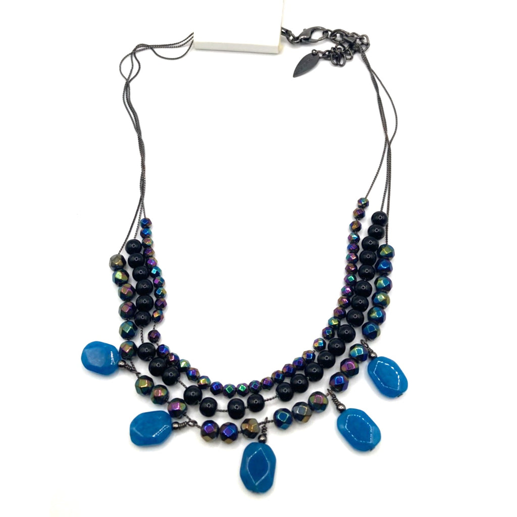 Coldwater Creek Blue Black Iridescent Aurora Borealis Layered Stone Necklace 18"