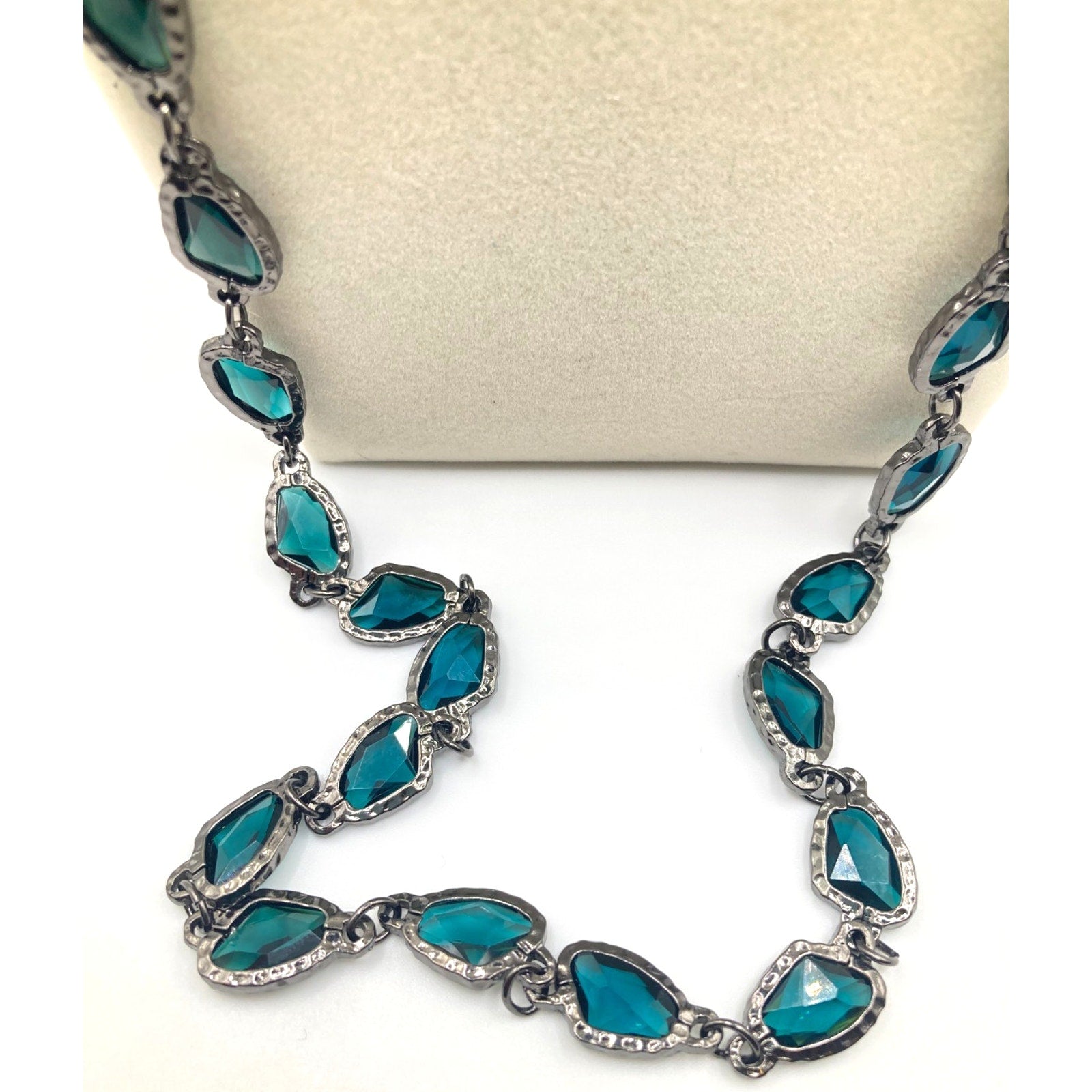 CHICO'S Greta Necklace Gunmetal Tone Tinted Aqua Blue 38" Long Layering Necklace