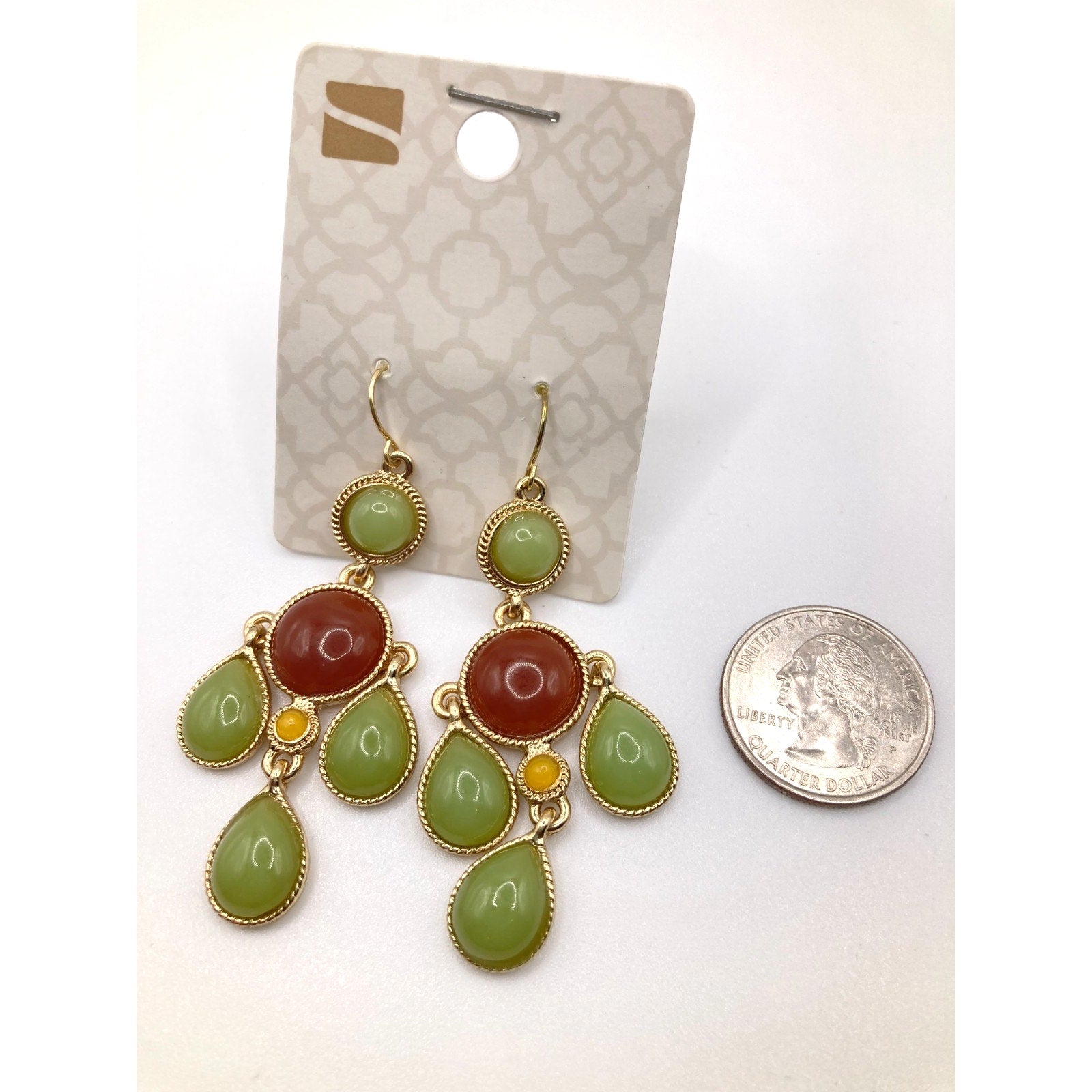 STONY Gold Tone Retro Burgundy Green Yellow Faux Cabochon Stone Drop Earrings 2"