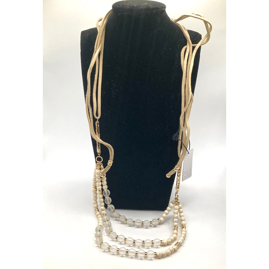 WHITE HOUSE/BLACK MARKET Beige Genuine Stone, Bead, Suede & Gold Tone Necklace