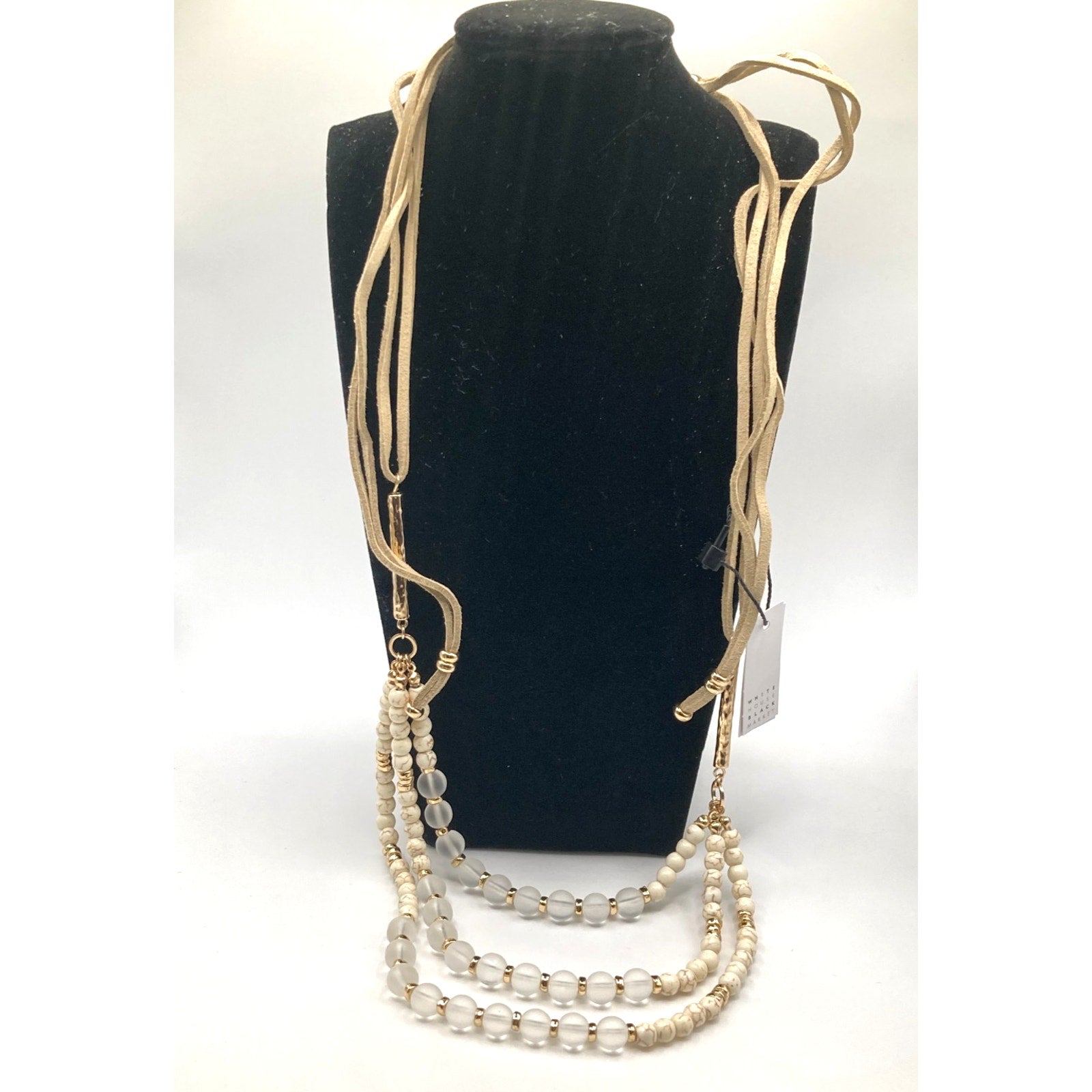 WHITE HOUSE/BLACK MARKET Beige Genuine Stone, Bead, Suede & Gold Tone Necklace