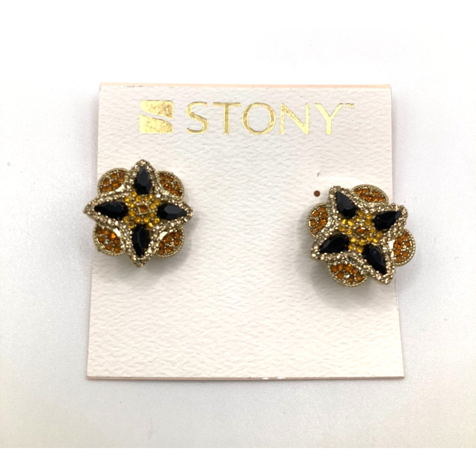 STONY Gold Tone Orange Yellow Rhinestone w/ Navy Acrylic Stone Clip-On Earrings