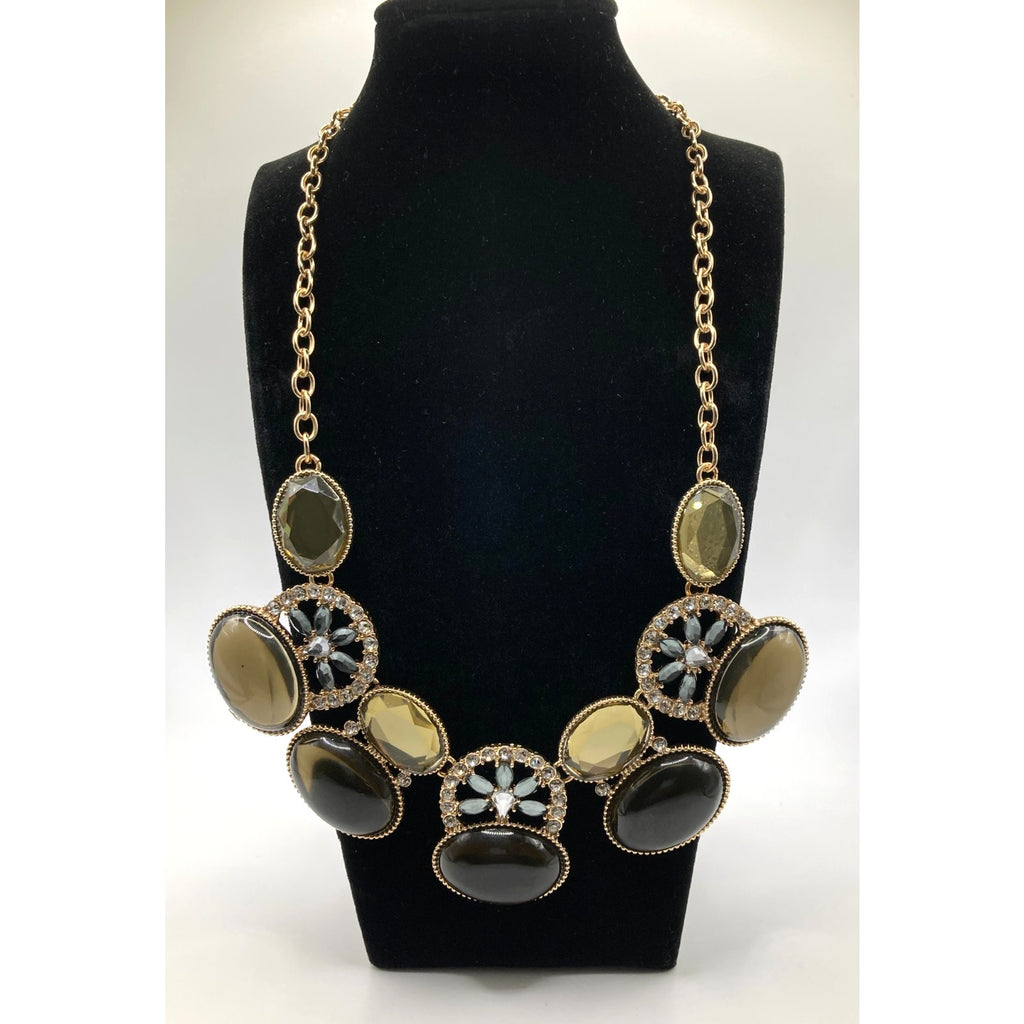 STONY Gold Tone Green & Blue Glass Stone & Crystal Necklace 17" & Earring Set
