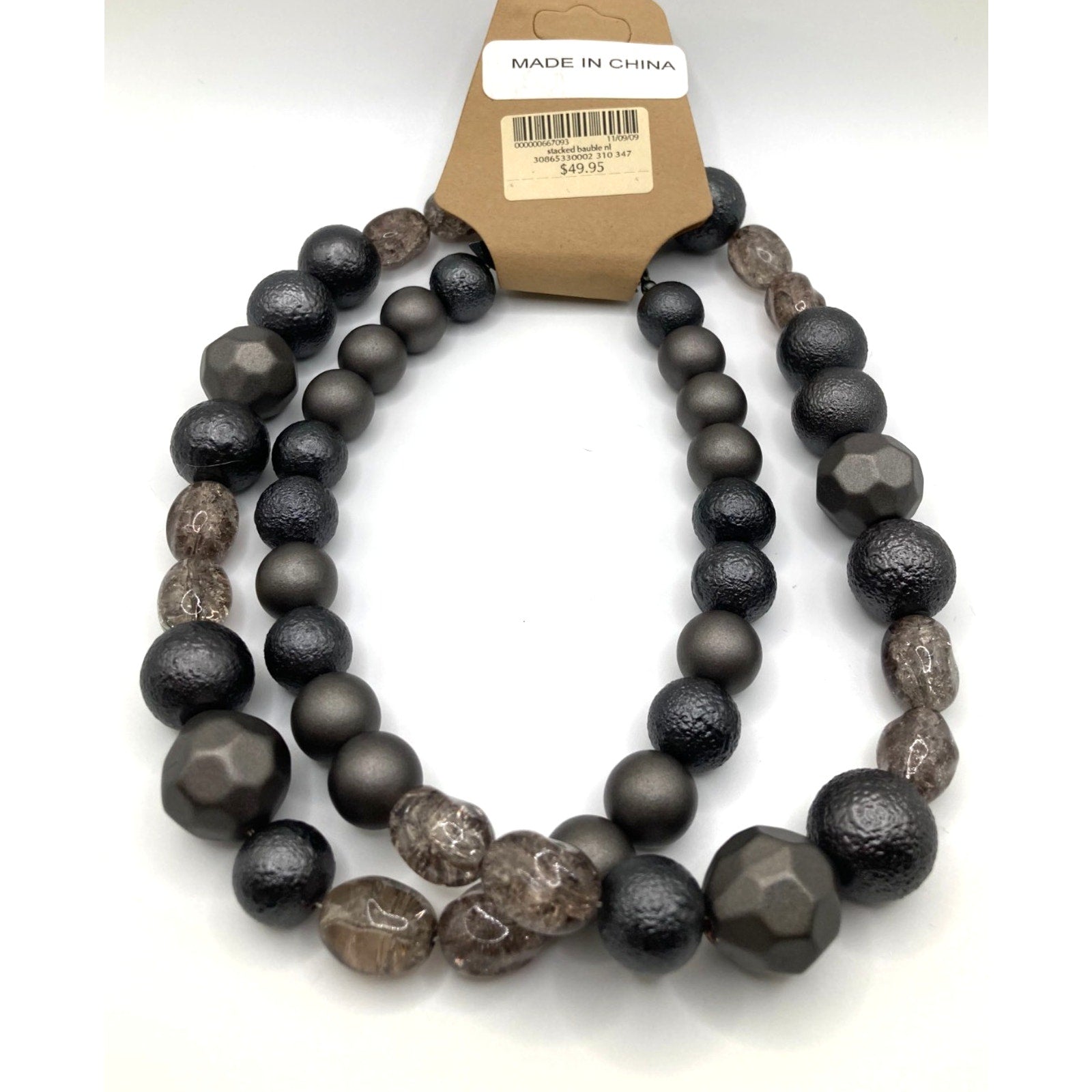 Coldwater Creek Long Geometric Gray Clear Textured Graduated Beaded Necklace 30"