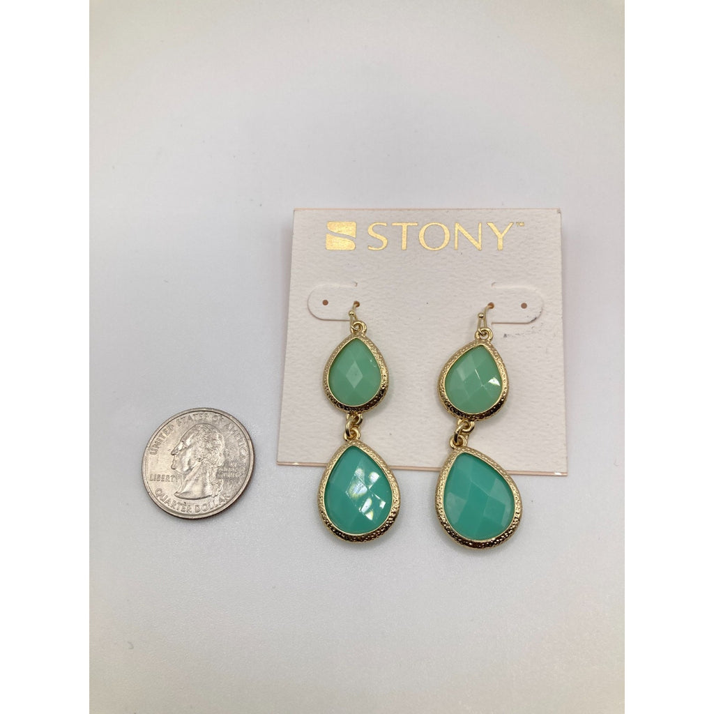 STONY Gold Tone Two-tone Mint Green Acrylic Stone Drop Dangle Earrings 2"