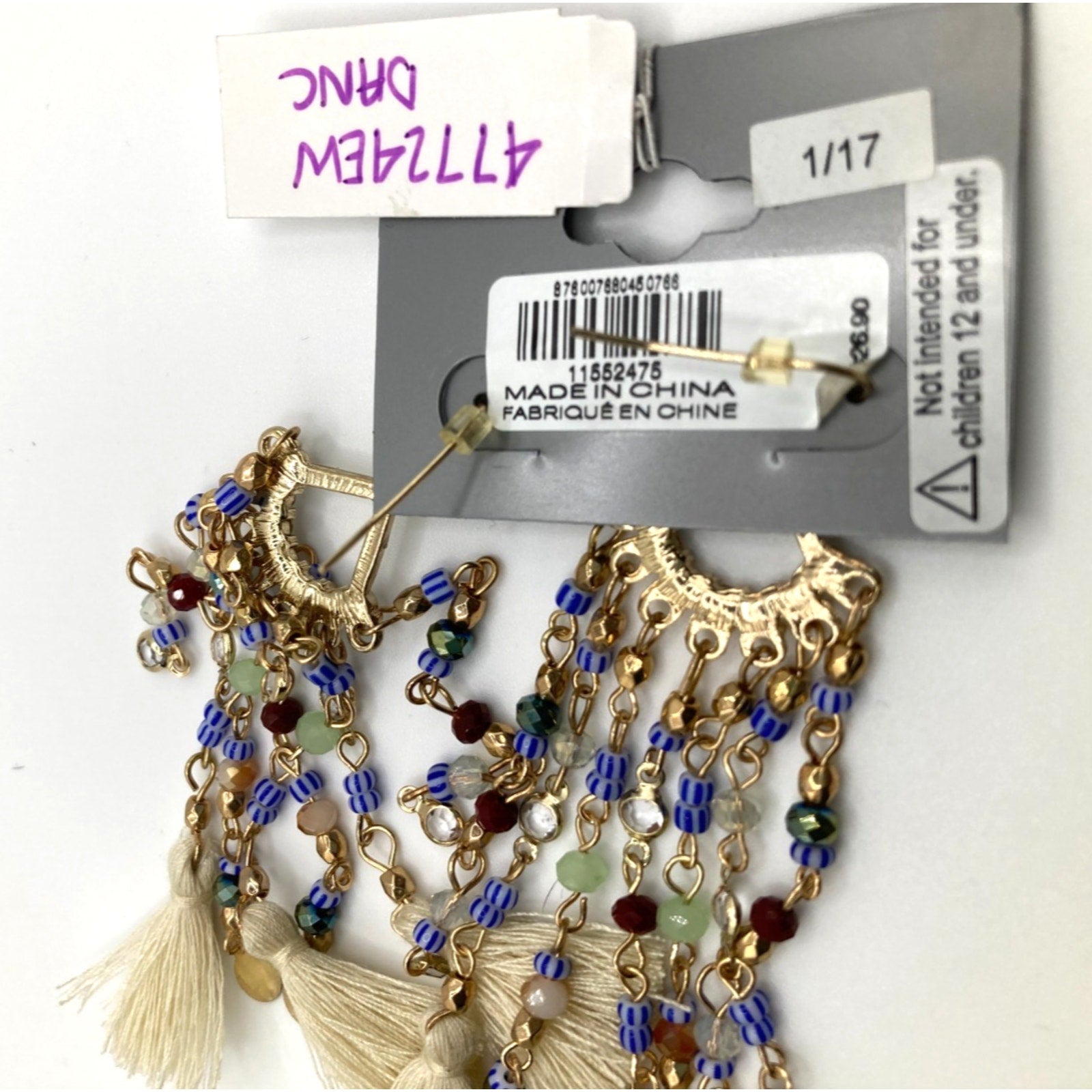 EXPRESS Boho Gold Tone Blue Beaded w/ Fabric Tassel Chandelier Drop Earrings