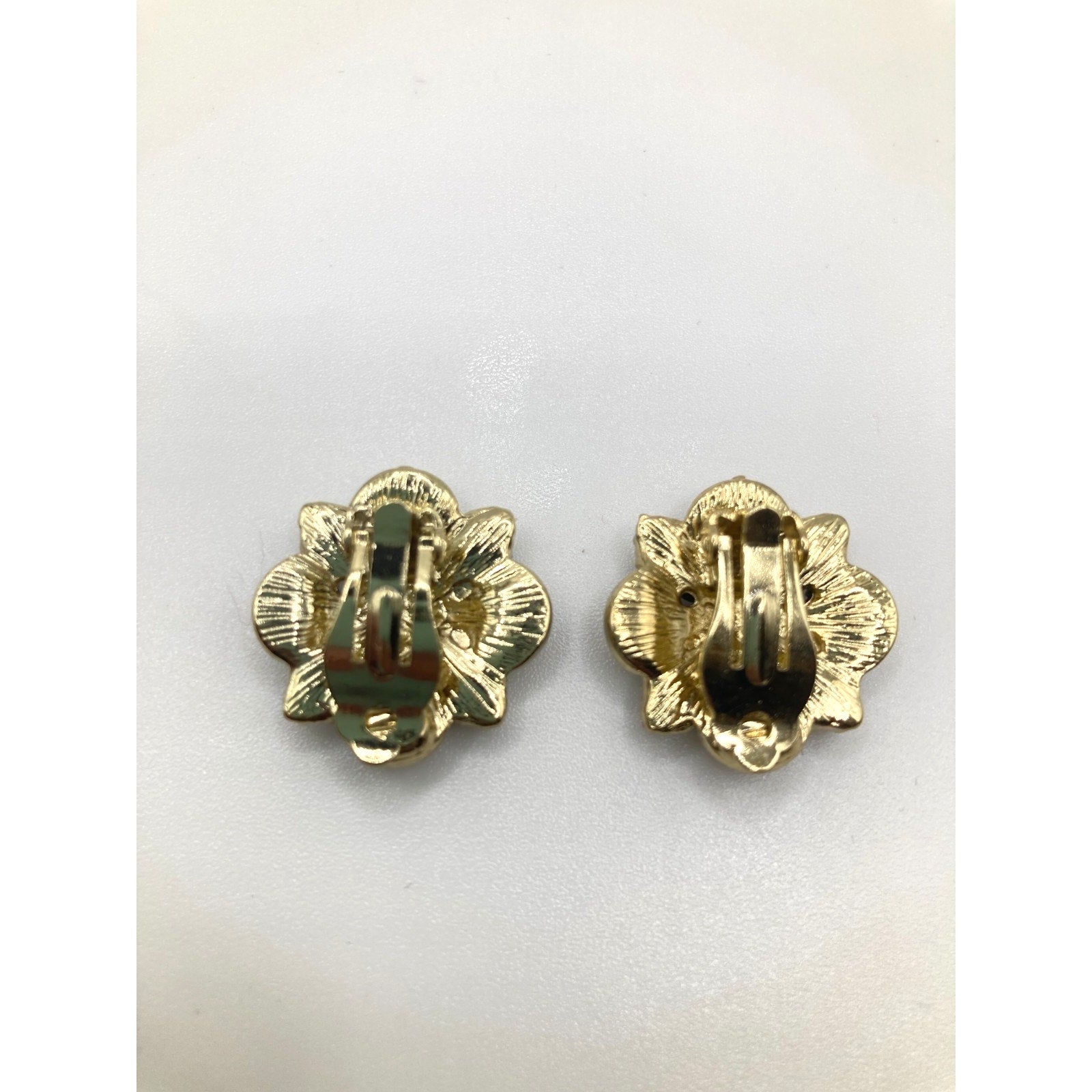 STONY Gold Tone Orange Yellow Rhinestone w/ Navy Acrylic Stone Clip-On Earrings
