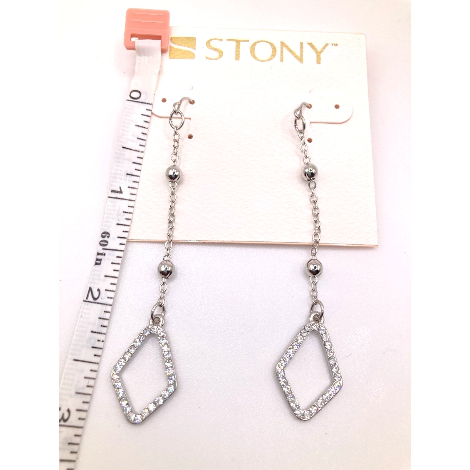 STONY Silver Tone Minimalist Rhinestone Diamond Shaped Drop Dangle Earrings 3"
