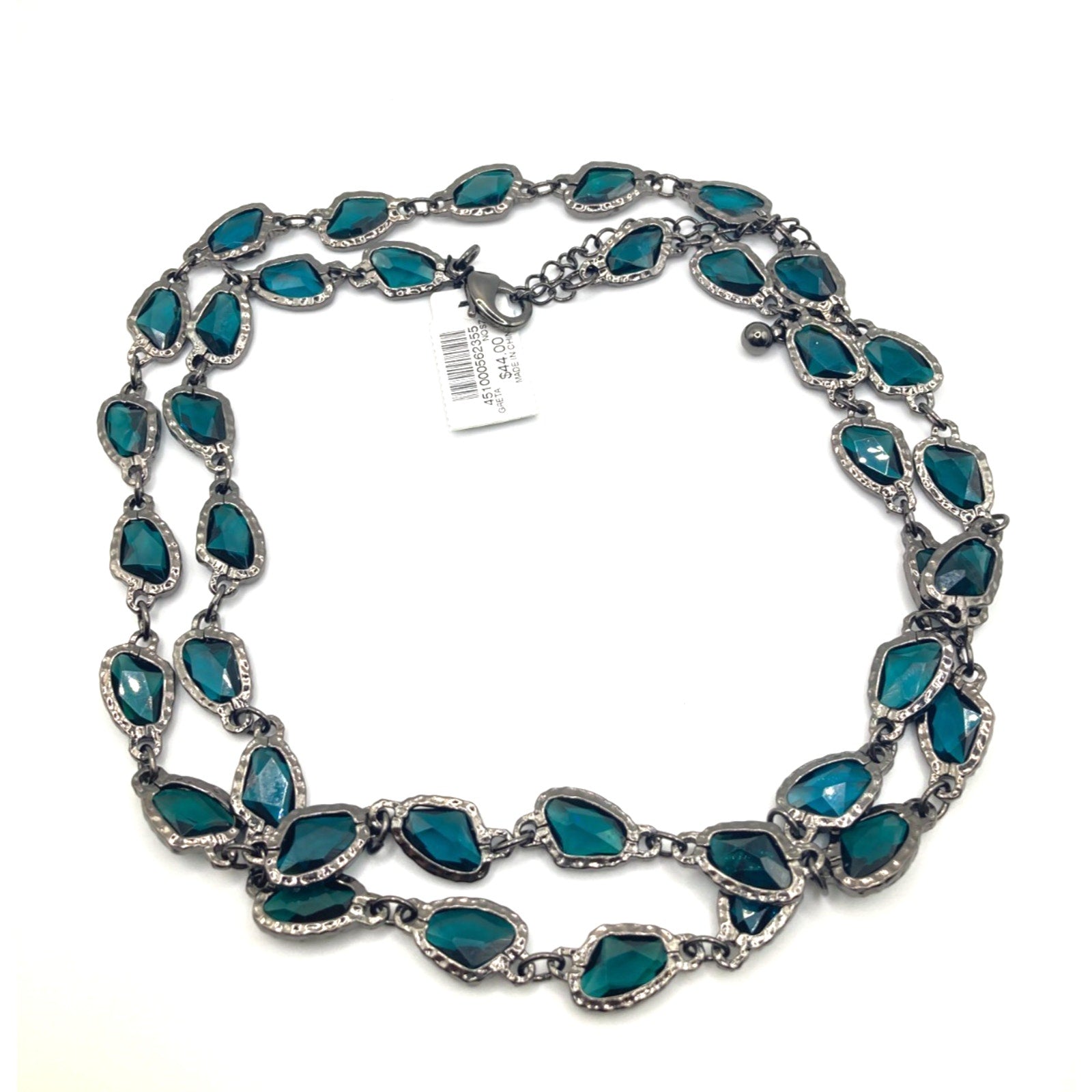 CHICO'S Greta Necklace Gunmetal Tone Tinted Aqua Blue 38" Long Layering Necklace