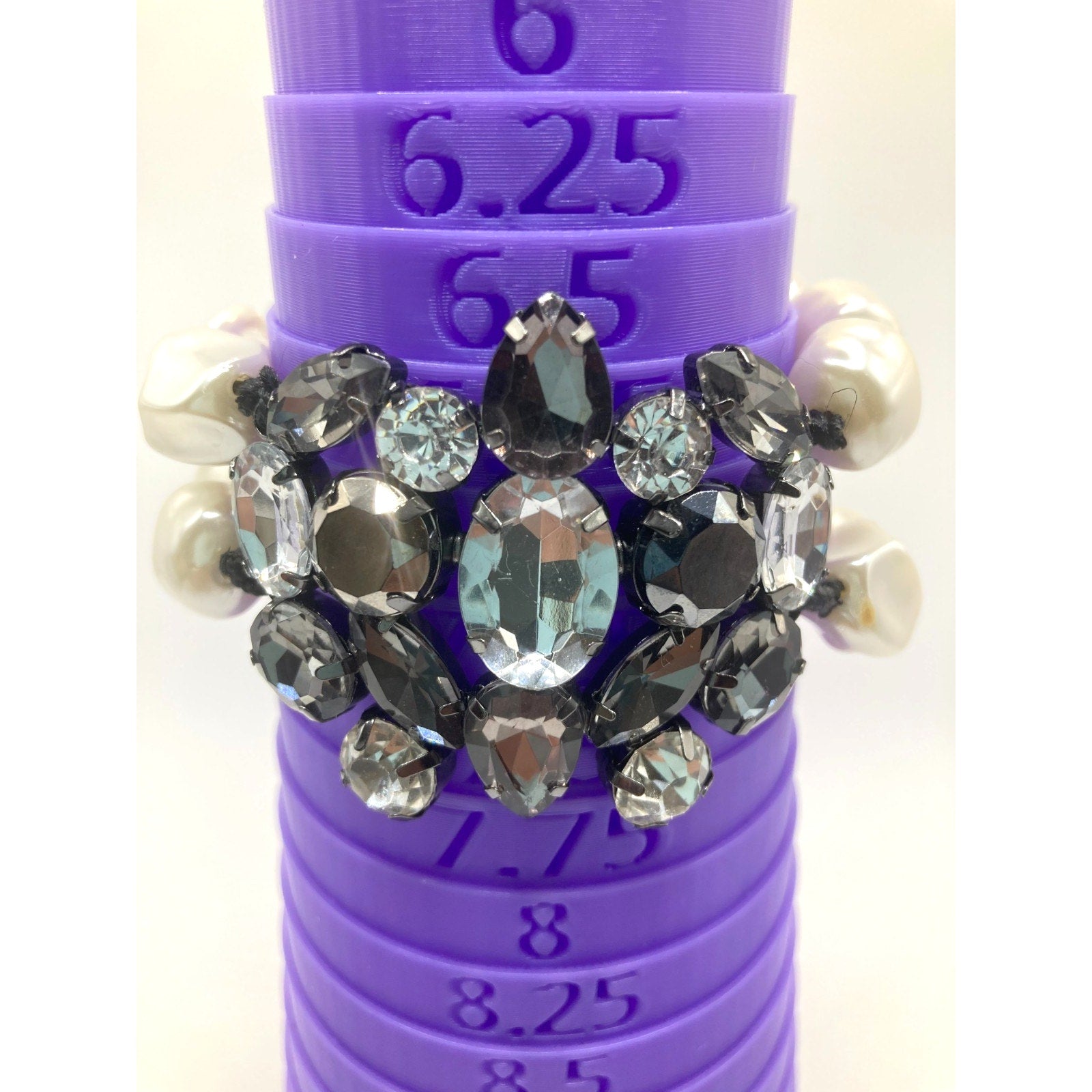 Brooch-Style Faux Pearls Gunmetal Tones Rhinestone 2 Row Magnetic Clasp Bracelet