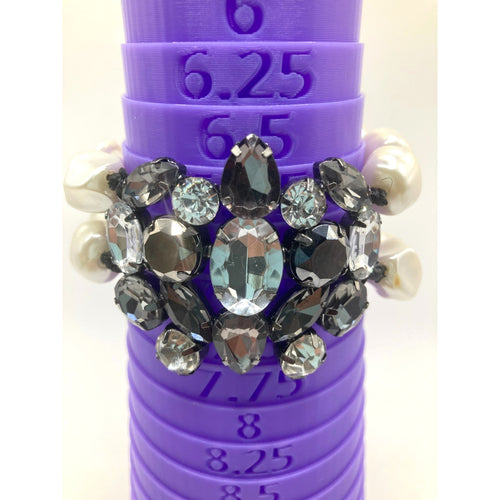 Brooch-Style Faux Pearls Gunmetal Tones Rhinestone 2 Row Magnetic Clasp Bracelet