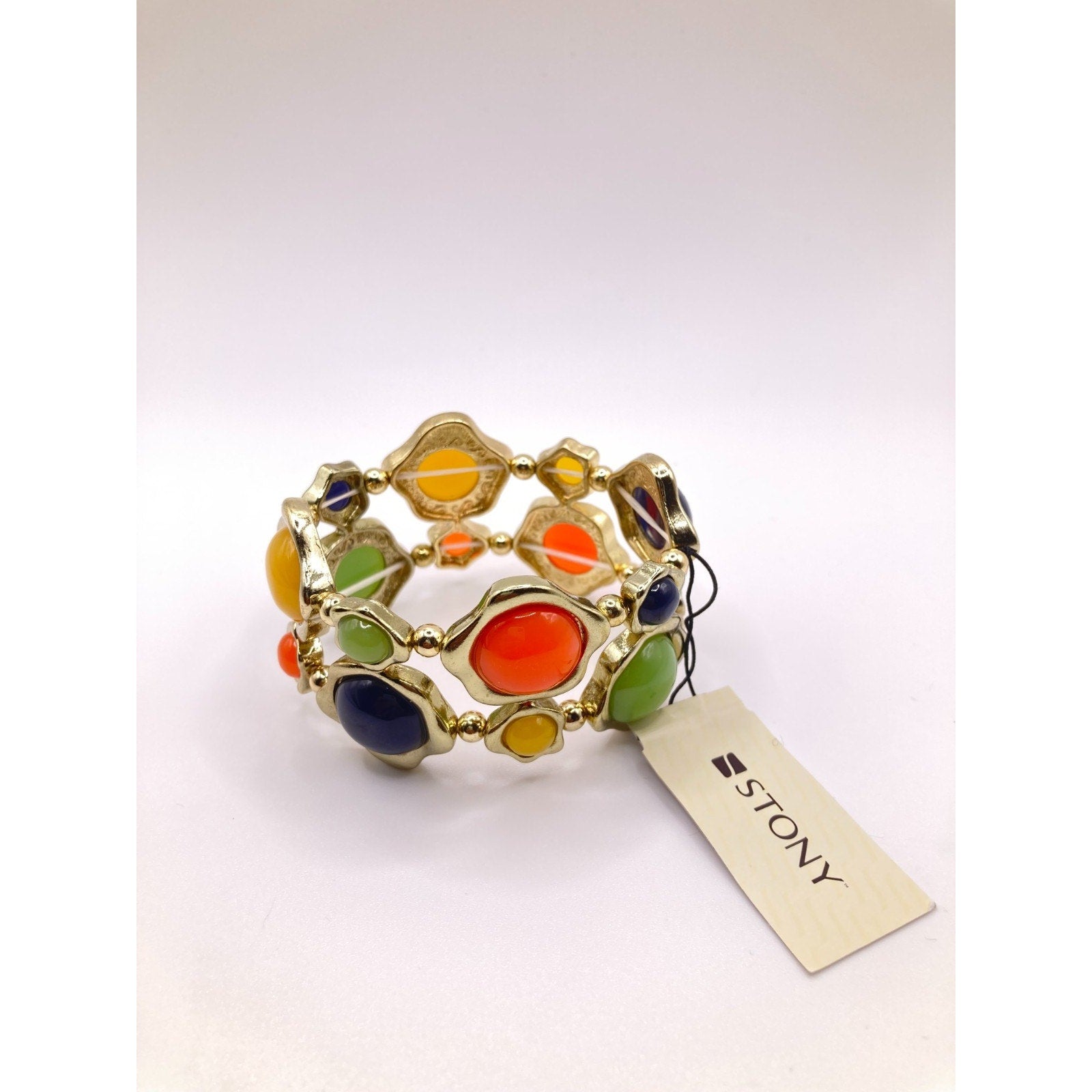STONY Retro Gold Tone Orange Yellow Blue Green Cabochon Faux Stone Bracelet