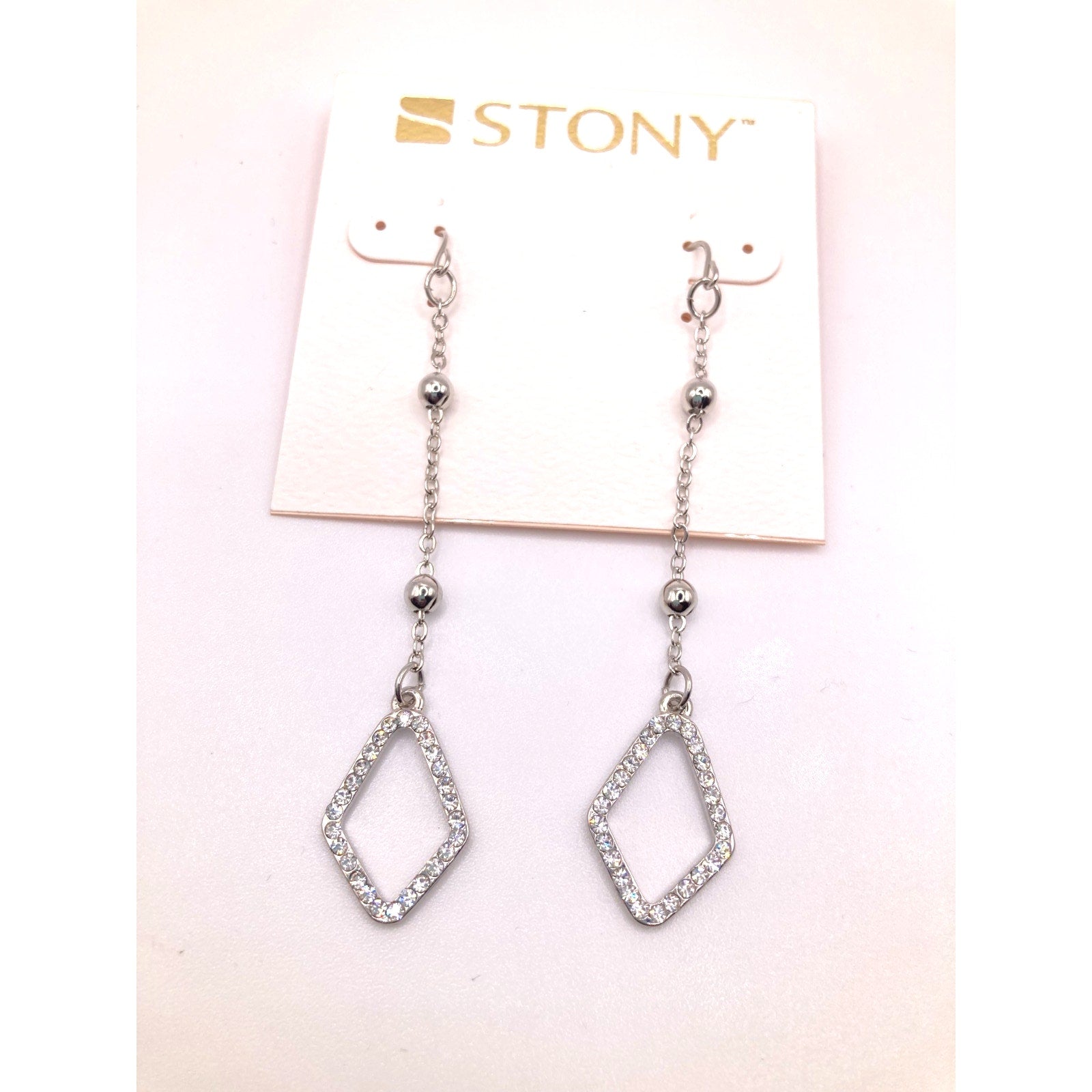 STONY Silver Tone Minimalist Rhinestone Diamond Shaped Drop Dangle Earrings 3"