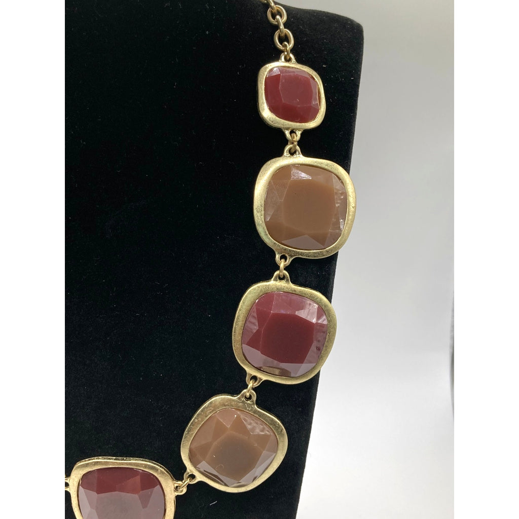 STONY Gold Tone Square Link Brown & Burgundy Acrylic Stone Station Necklace 16"